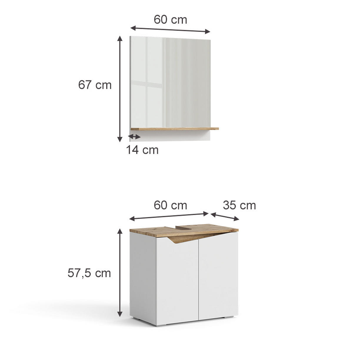 BADMÖBEL-SET Marelle Weiß 2 Teile - Weiß/Eiche Artisan, Holzwerkstoff (60/57/35cm) - Vicco