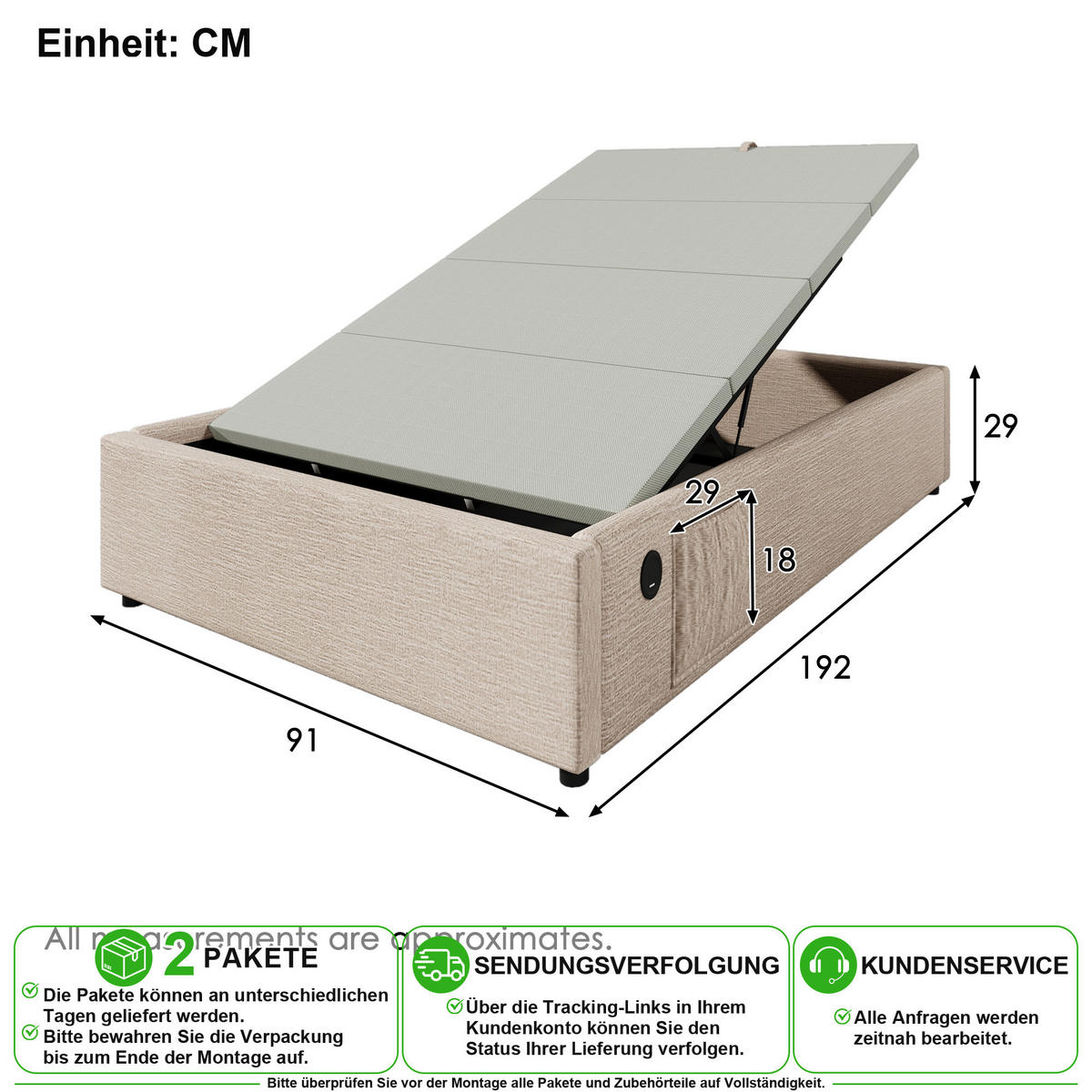 ČALOUNĚNÁ POSTEL 90/190 cm v přírodní barvě s úložným prostorem, USB-C a lnem - béžová, kov/kompozitní dřevo (90/190cm) - CHICFURN