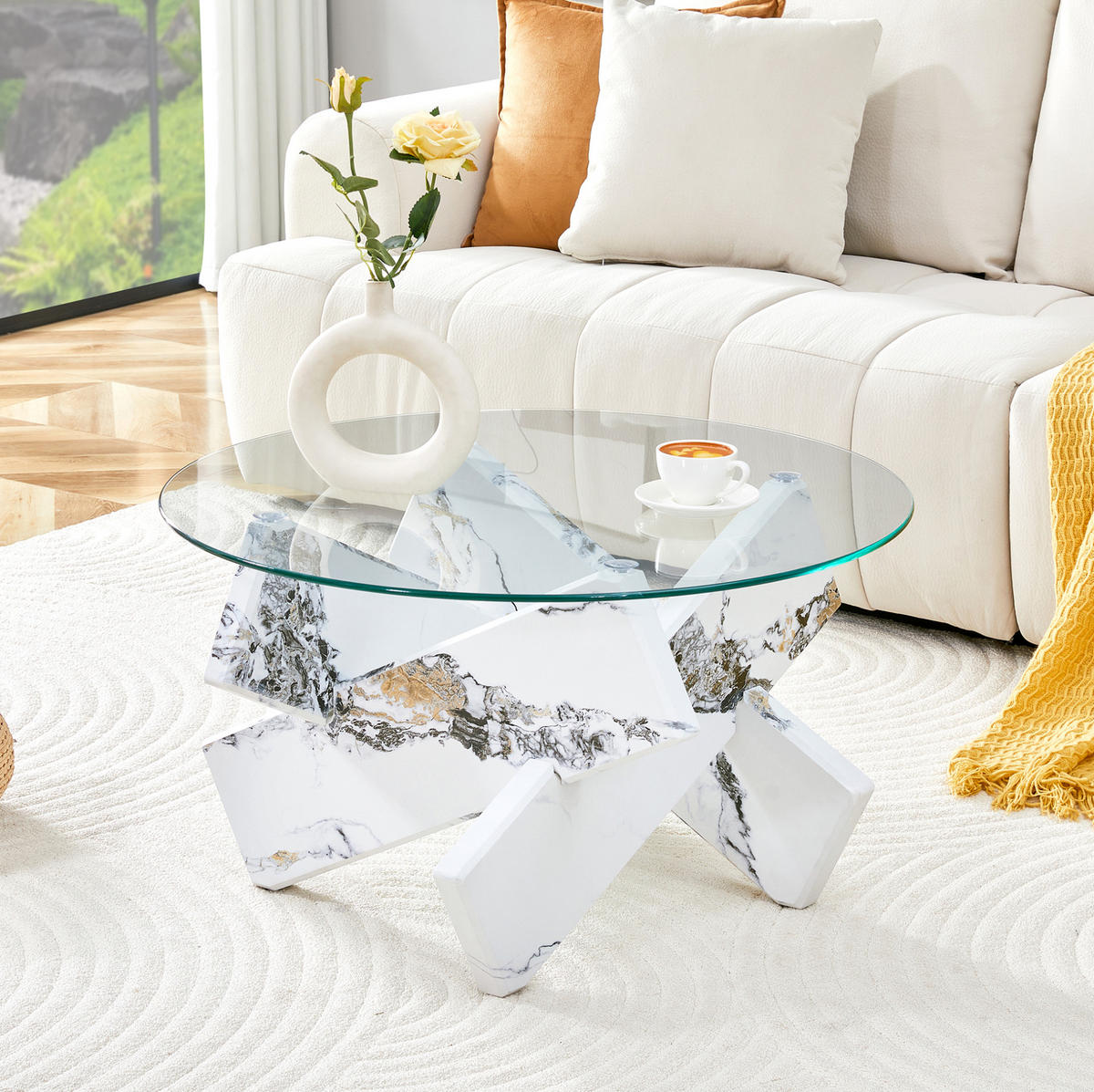 COUCHTISCH, MDF & 0,8 cm gehärtetes Glas, weißes Marmor-Design, kreuzförmige Stütze, 79/79/45 cm,weiß - Weiß, Holzwerkstoff (79/79/45cm) - Redom