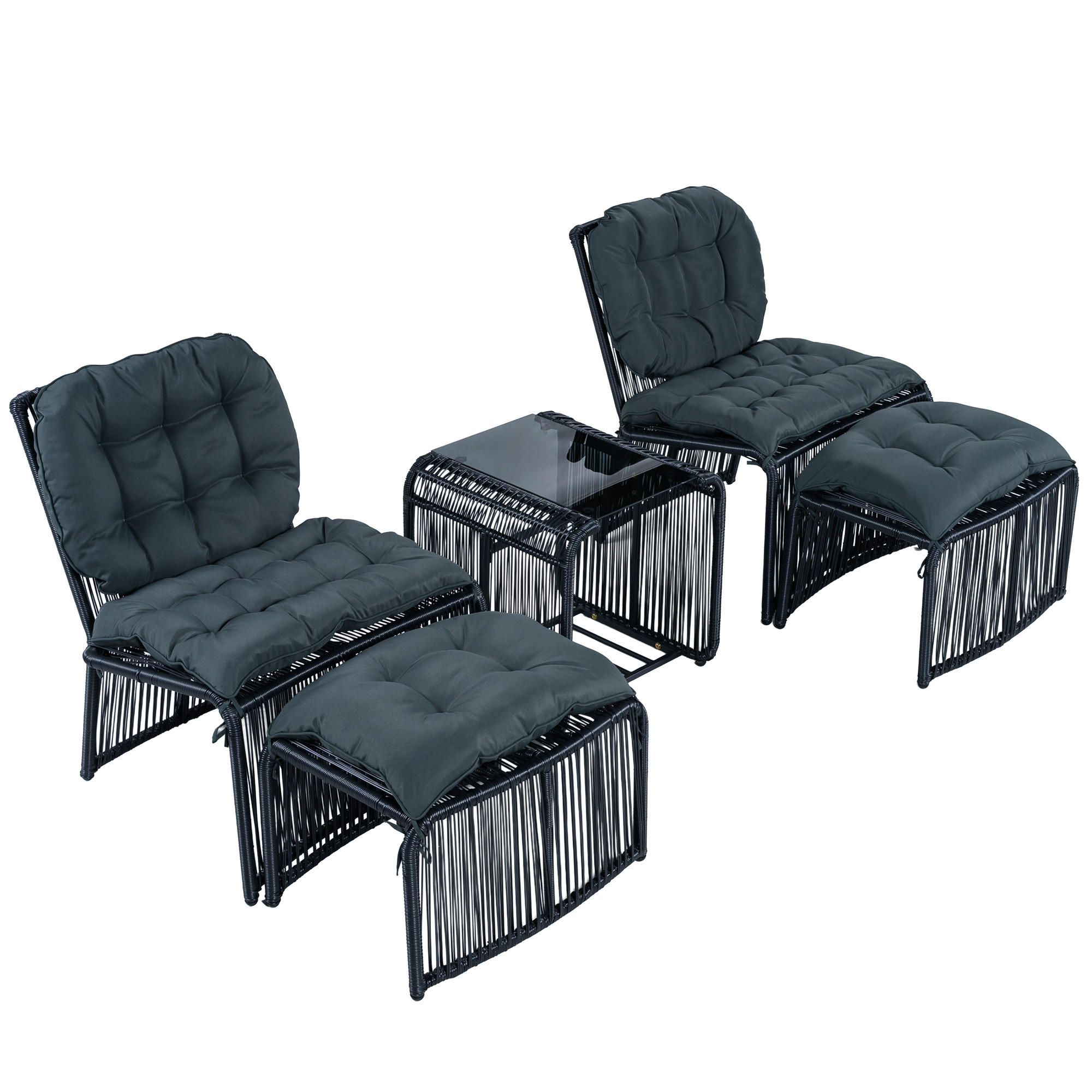 LOUNGESET Rattan Schwarz/Grau 5-tlg. - Grau, Metall - ComfortXL
