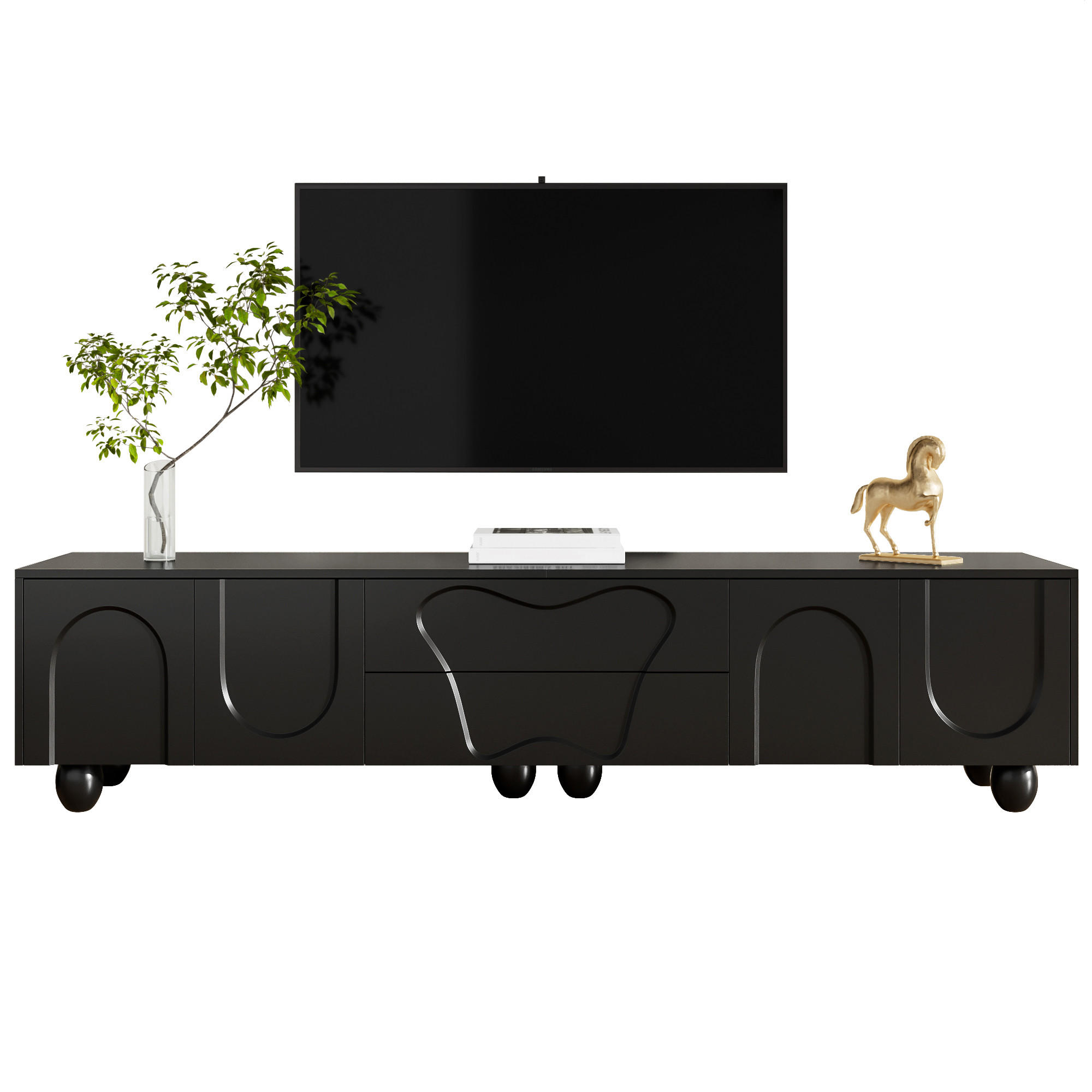 TV-SCHRANK 180/40/42 cm schwarz PB mit Naturholzbeinen und vielseitigem Stauraum - Schwarz, Holzwerkstoff (180/42/40cm) - OKWISH