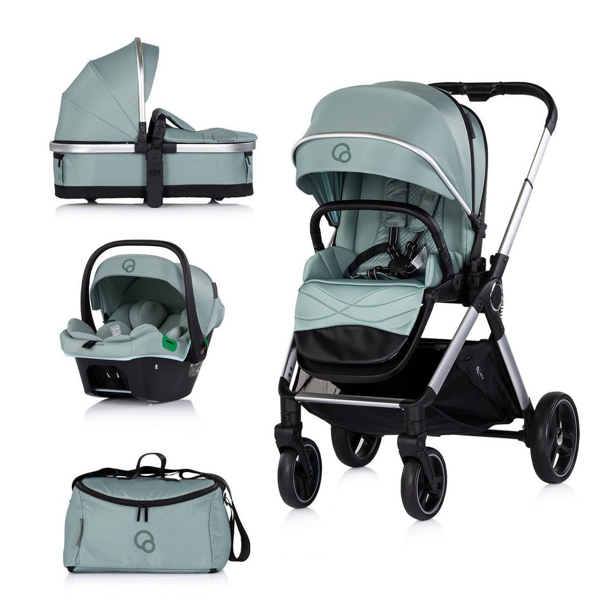 KOMBIKINDERWAGEN Euphoria 3in1 grün Sportsitz Babyschale umbaubar klappbar - Grün, Metall (88/64/107cm) - Chipolino