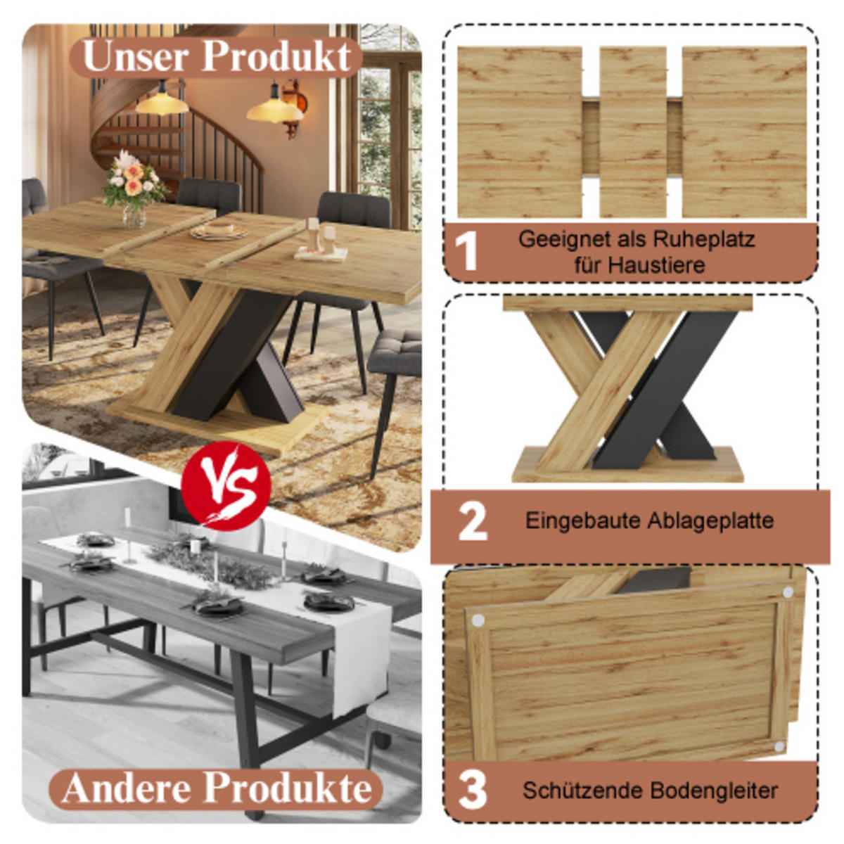 ESSTISCH naturfarben aus MDF mit integriertem Ablagefach und X-Beinen 119–158,5 × 80 × 75 cm - Naturfarben, Holzwerkstoff (158.5/80/75cm) - Luhomfu