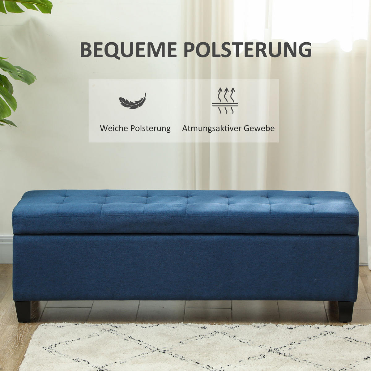SITZBANK, Polsterbank mit Stauraum, Bettbank mit Deckel, Leinenoptik, Blau - Blau/Schwarz, Textil (49/41.5/125cm) - HOMCOM