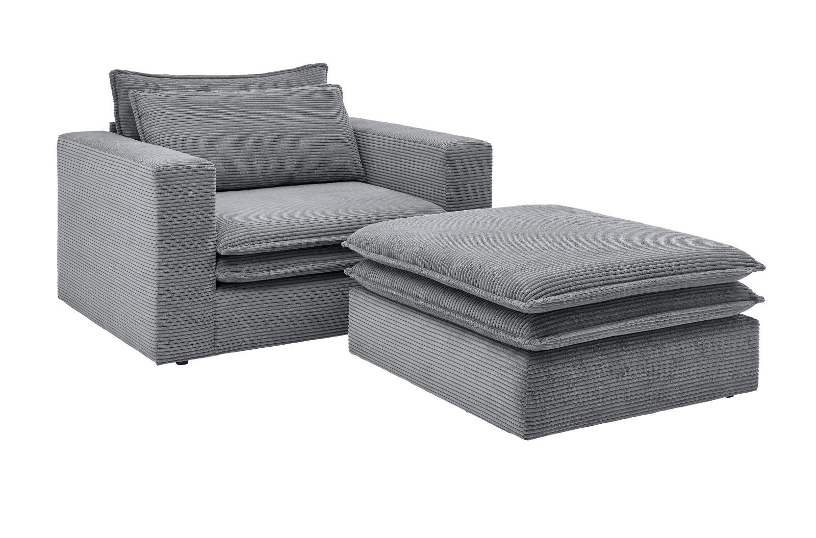 LOVESEAT Set grau Cord, Loungesessel inklusive Hocker - Beige/Grau, Holz/Kunststoff (176/83/125cm) - Furn.Design