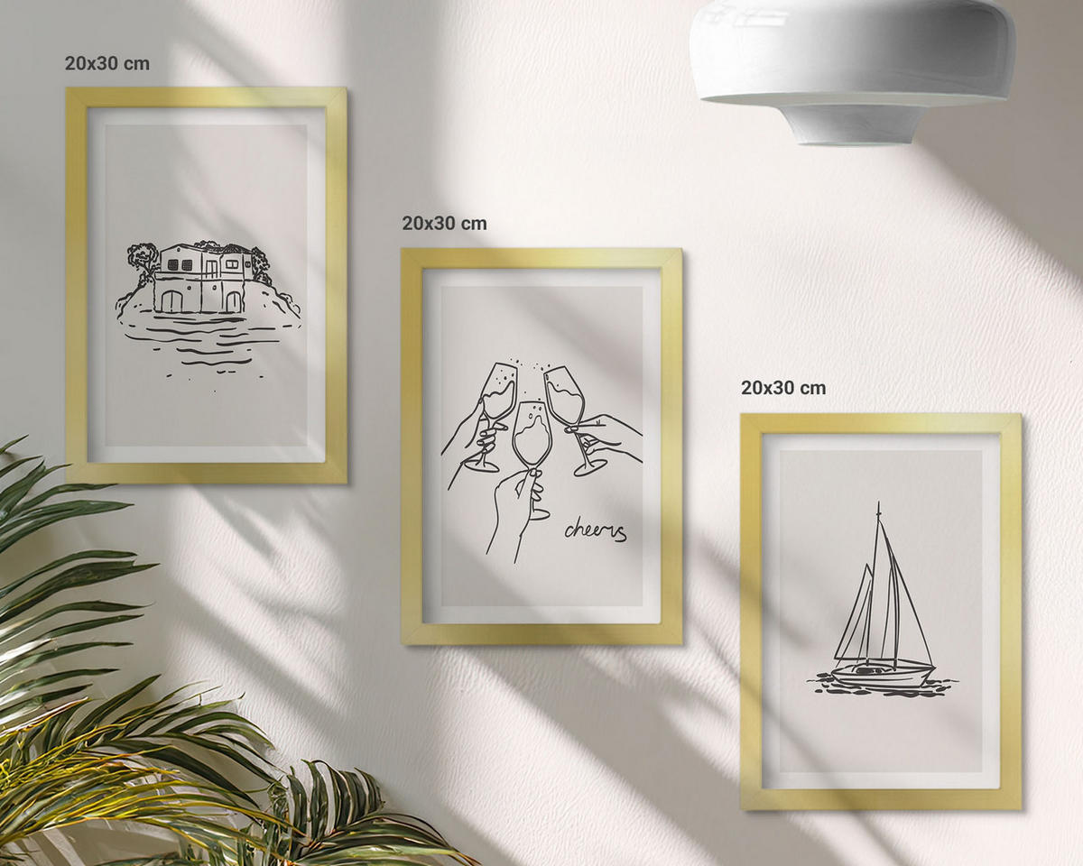 BILDER SET 3er Set - 20x30 cm Goldrahmen - Haus am Wasser, Segelboot-Toast - Goldfarben, Kunststoff (20/30cm) - TULUP