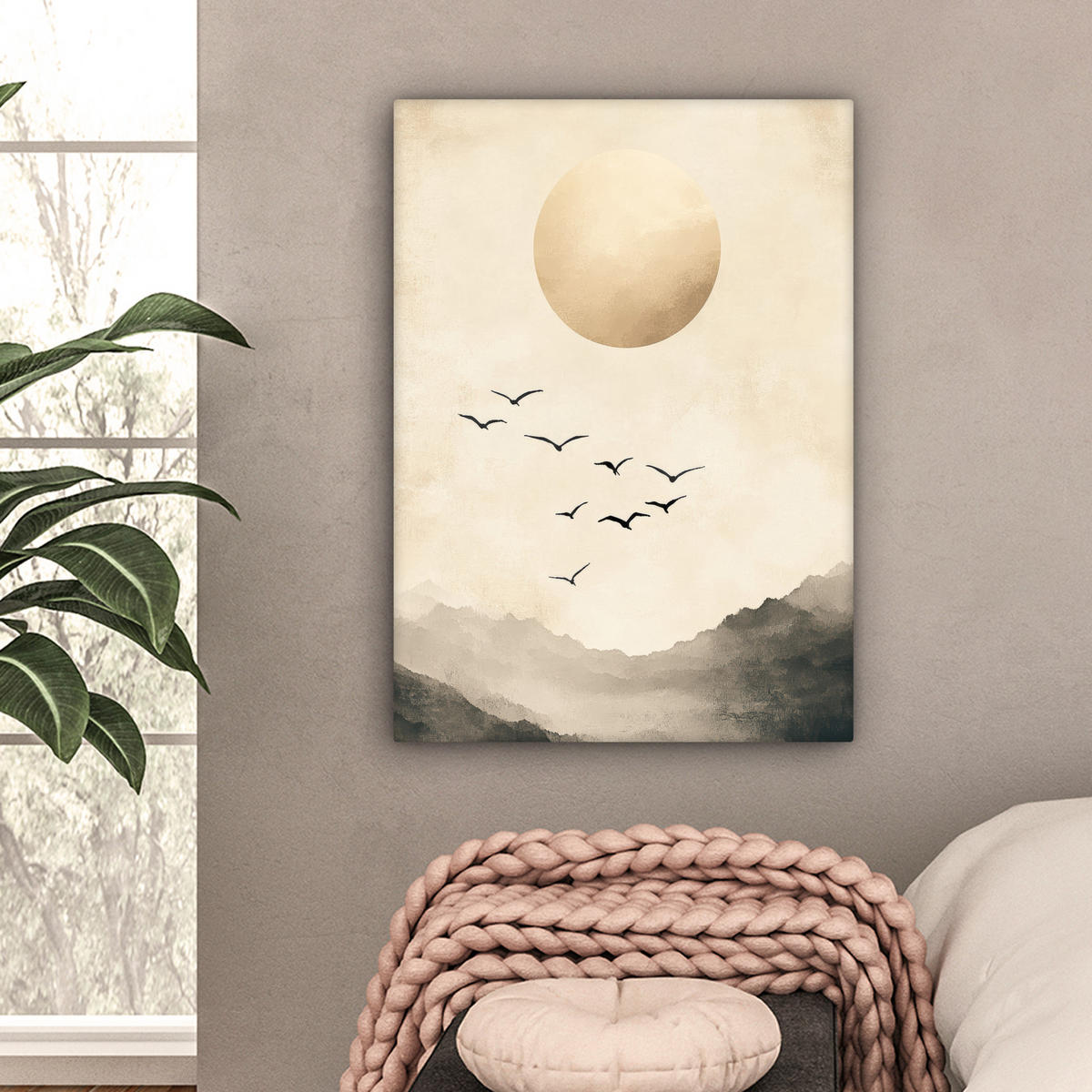 LEINWANDBILD Landschaft - Japandi - Vogel 60x80 cm - Beige, Textil (60/80cm) - MuchoWow