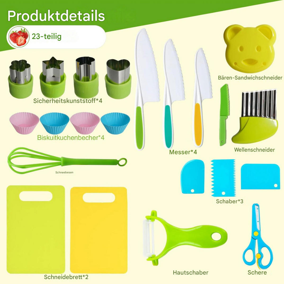 KINDERKÜCHE 23 Teile Montessori, Sicherheitsmesser, Schneidbrett 2-10 Jahre - Pastellgrün, Kunststoff (22/32/4cm) - Authentics