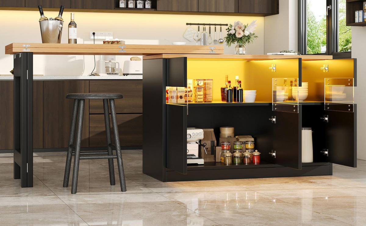 BARTISCH, MDF mit LED & 360° drehbar, ausziehbar 120-180/40/71,5 cm, Schwarz - Schwarz, Holzwerkstoff (40/71.5/107cm) - Redom