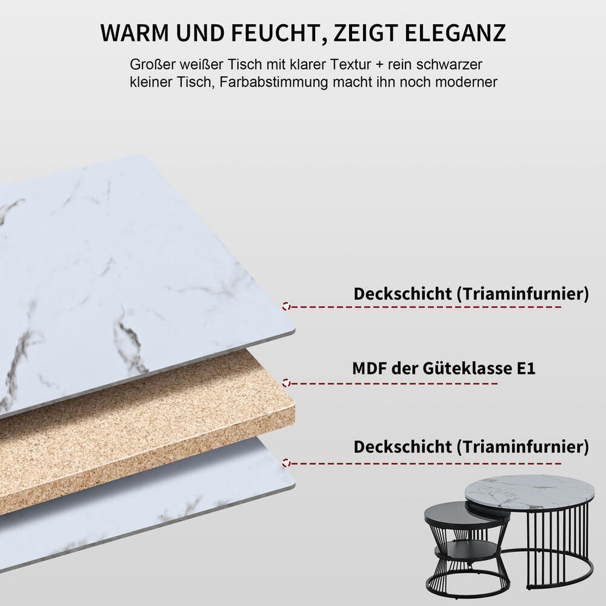 COUCHTISCH Nesting Set 2-tlg Hochglanz Marmoroptik Schwarz Rahmen Rund - Schwarz, Holz (79/76/17cm) - FLIEKS