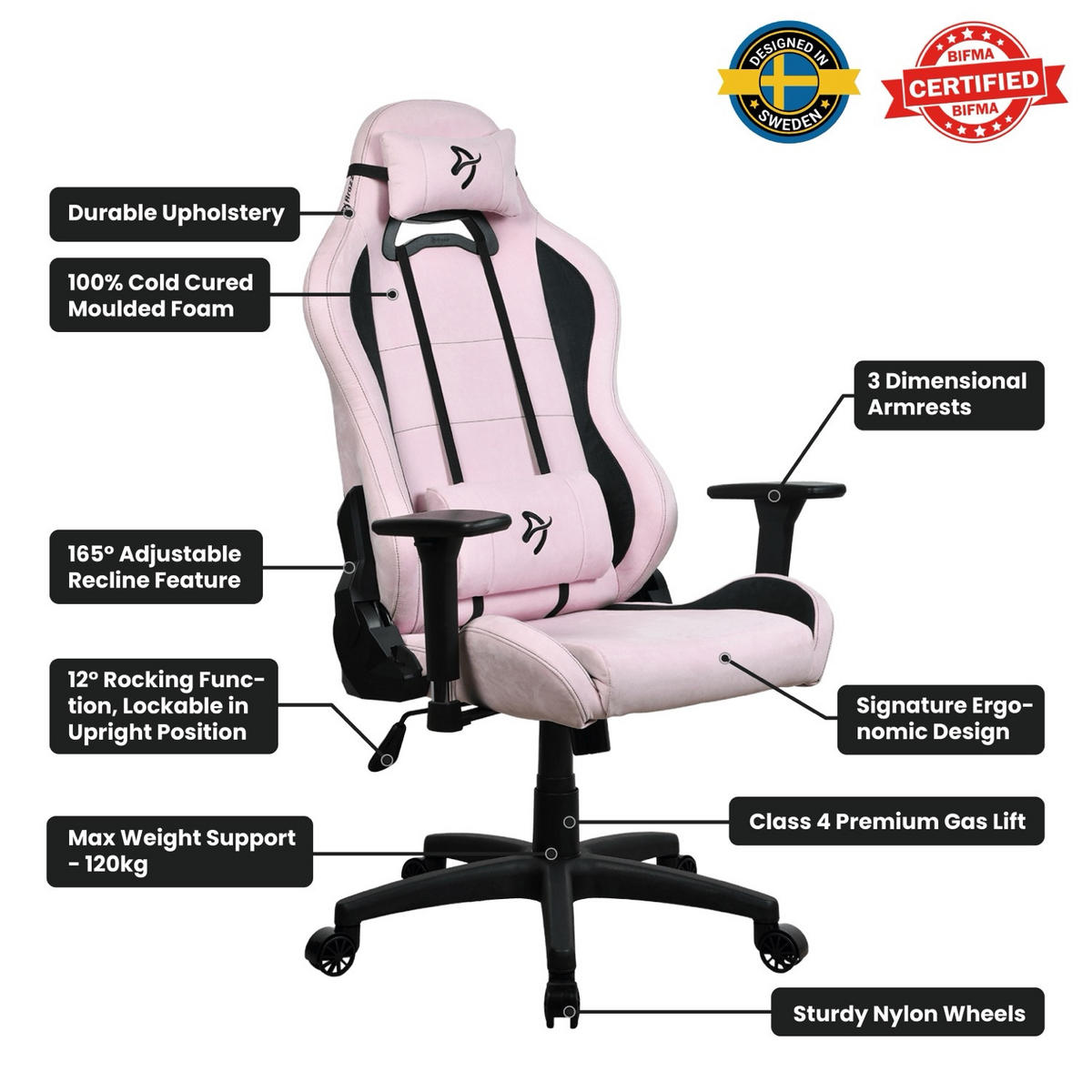 GAMINGSTUHL Torretta SuperSoft™ Rosa - Pink/Schwarz, Kunststoff/Textil (70/135/50cm) - Arozzi