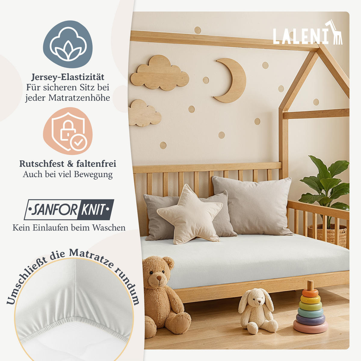 SPANNBETTLAKEN für Beistellbett & Stubenwagen – 100% Baumwolle, Atmungsaktiv & Weich, 50x89x10 cm, Elfenbein - Sandfarben, Textil (50/89cm) - Laleni