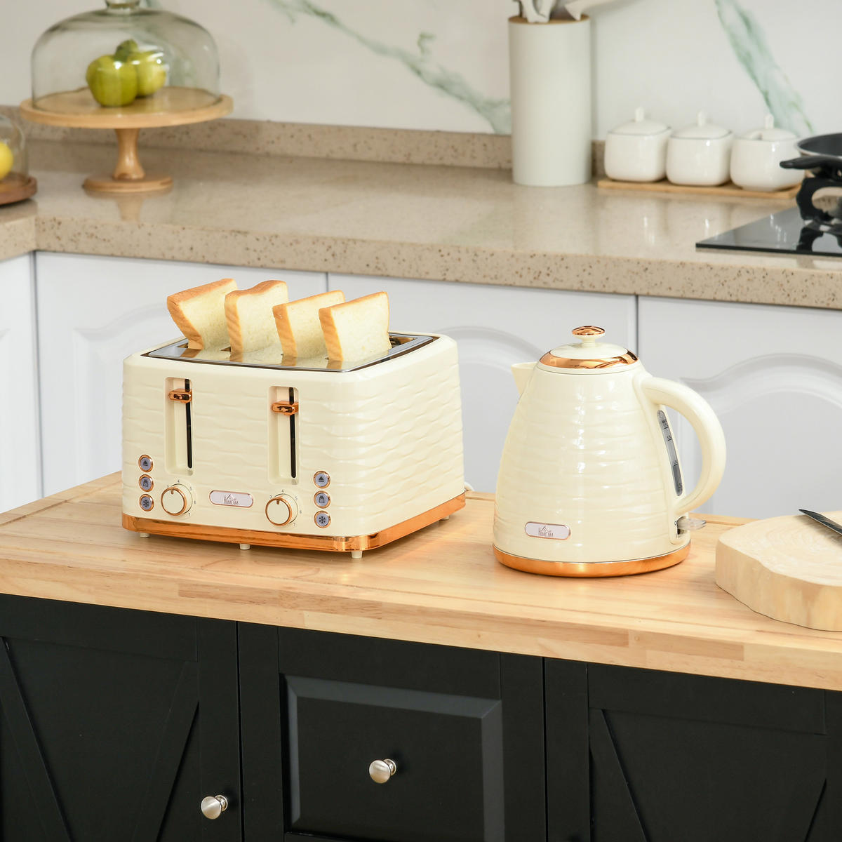 WASSERKOCHER-TOASTER-SET mit 1,7 L Wasserkocher, 4 Scheiben-Toaster, Beige - Beige, Kunststoff (19.5/23.2/24.1cm) - HOMCOM
