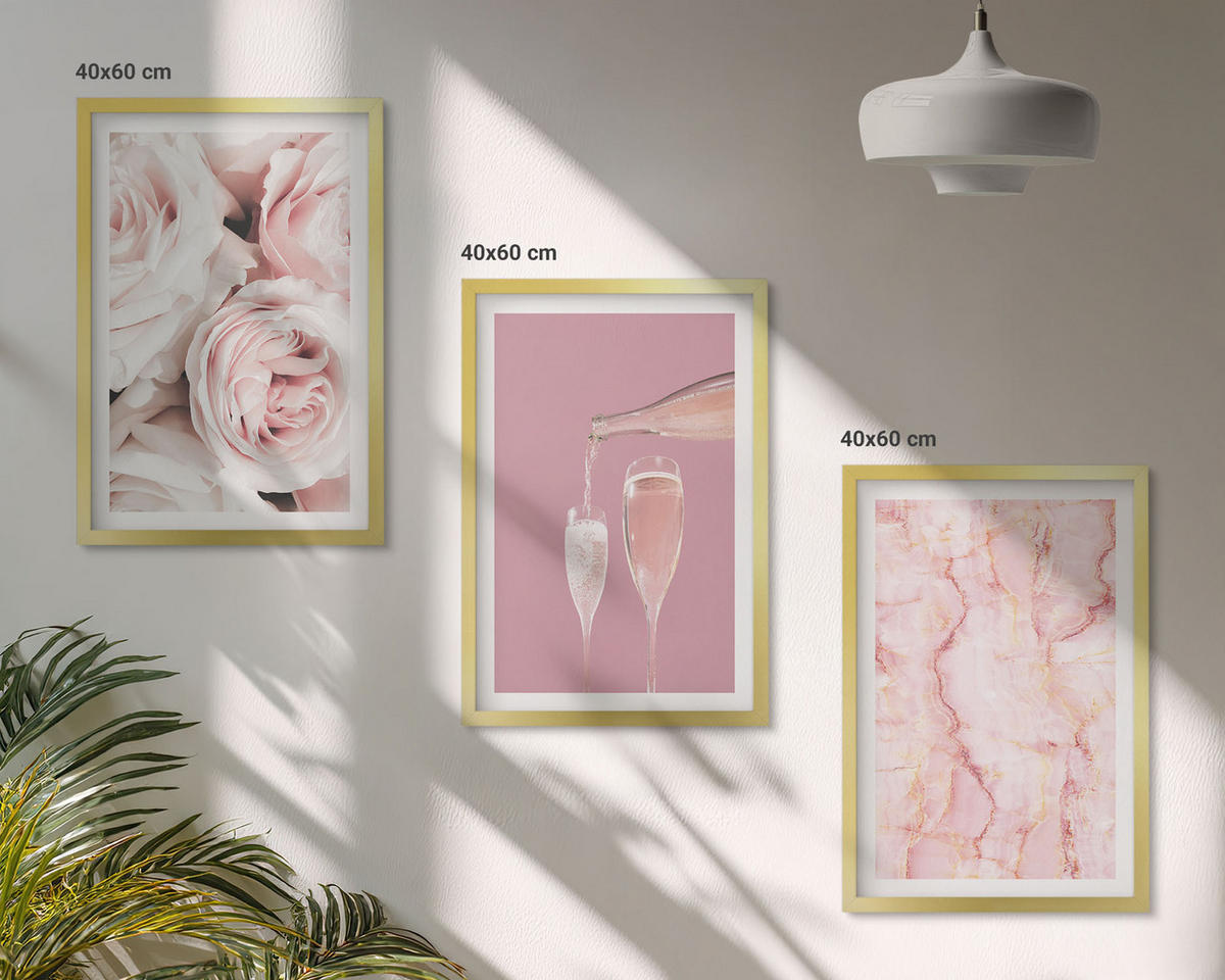 WANDBILDER 3er Set - 40x60 cm Goldrahmen - Champagnerfarbene Rosen, Marmorhintergrund - Goldfarben, Kunststoff (40/60cm) - ArtPrintCave
