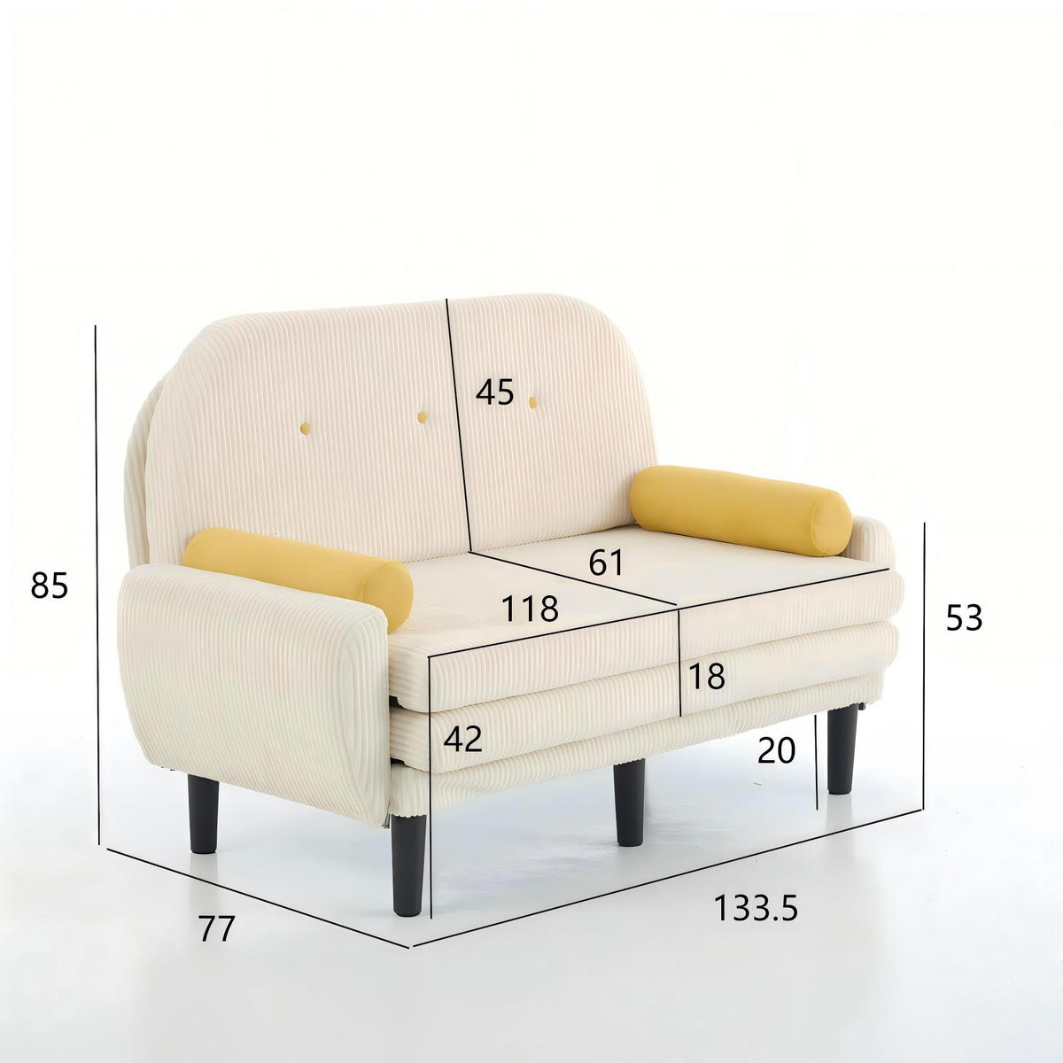 2-SITZER SCHLAFSOFA Cord Elfenbein mit 2 Kissen und Stauraum - Beige, Kunststoff/Textil (133.5/85/77cm) - WISHDOR