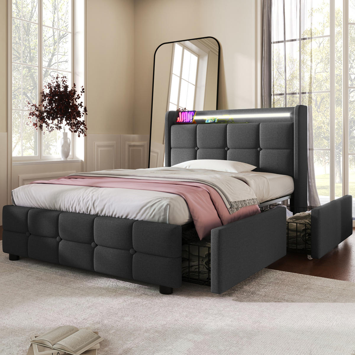 POLSTERBETT aus Holz 90x200 cm in Grau mit LED & USB-Steckdosen - Grau, Holz (90/200cm) - Modfu