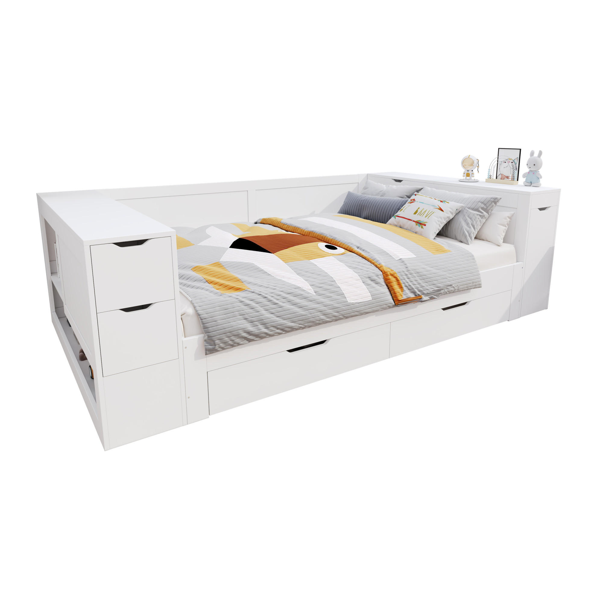 KINDERBETT 140/200 cm aus MDF mit Stauraum Nachttisch und Lattenrost Weiß - Weiß, Holzwerkstoff (140/200cm) - Modenvie