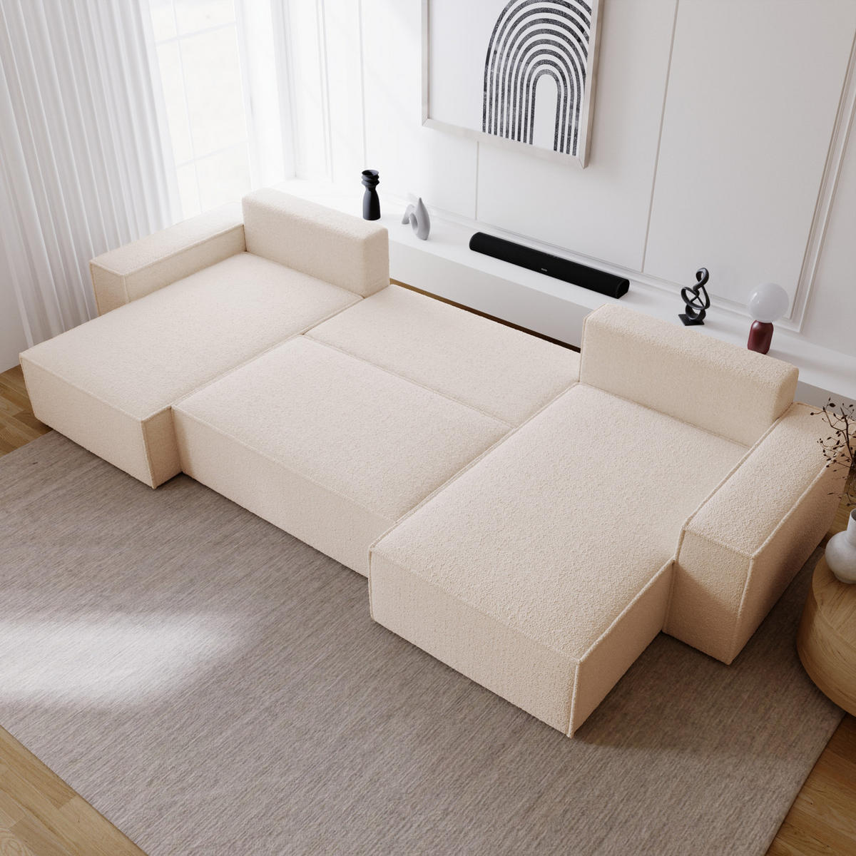 ECKCOUCH Bergamo U Bouclé mit Schlaffunktion, 380 cm, Beige - Beige, Holz (377/189cm) - Emporius