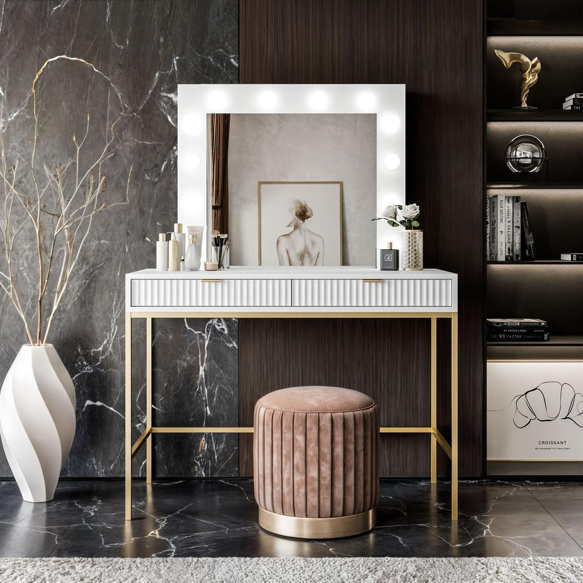 SCHMINKTISCH MIT SPIEGEL CORTADO GOLD T104 WEISS - Weiß, Holzwerkstoff (104/78/50cm) - Lookway