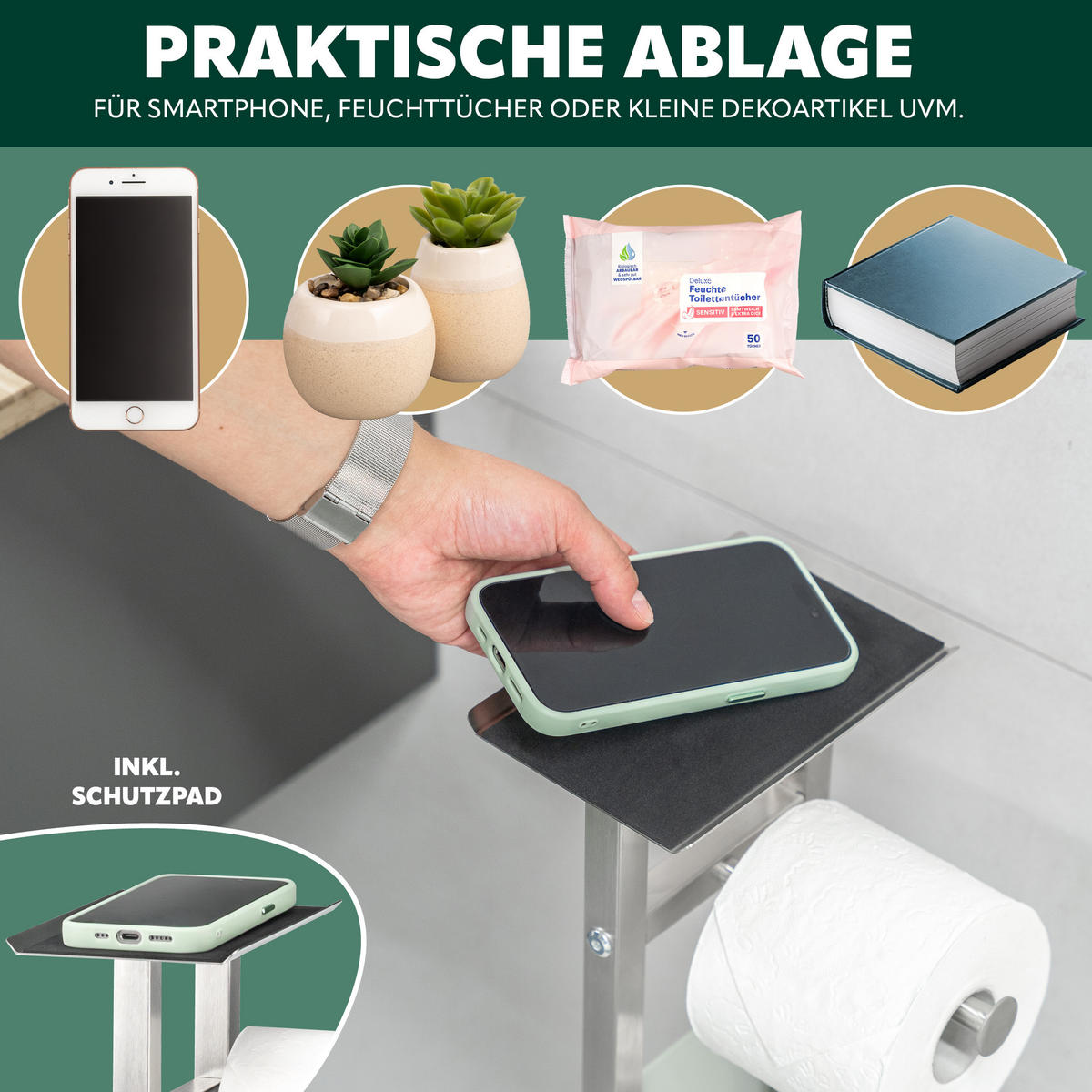 STAND-WC-GARNITUR 4IN1, Edelstahl - Edelstahlfarben, Metall (28/67/20cm) - eluno