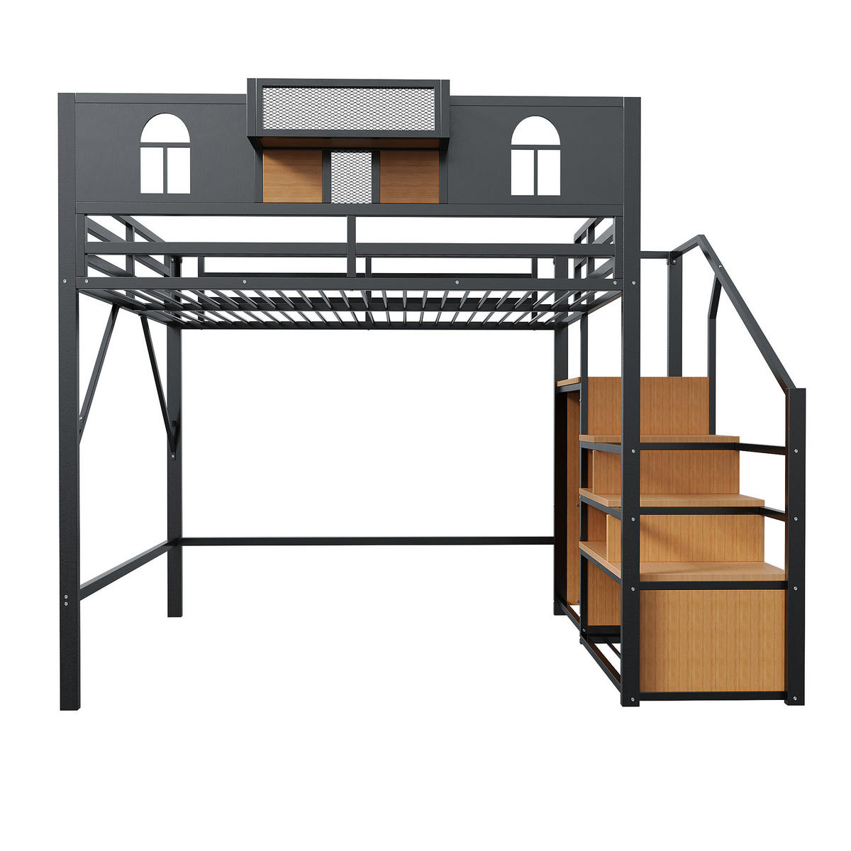 HOCHBETT 140/200 cm schwarz mit Stauraumleiter und Ablagefläche mit Matratze - Schwarz, Metall (140/200cm) - OKWISH