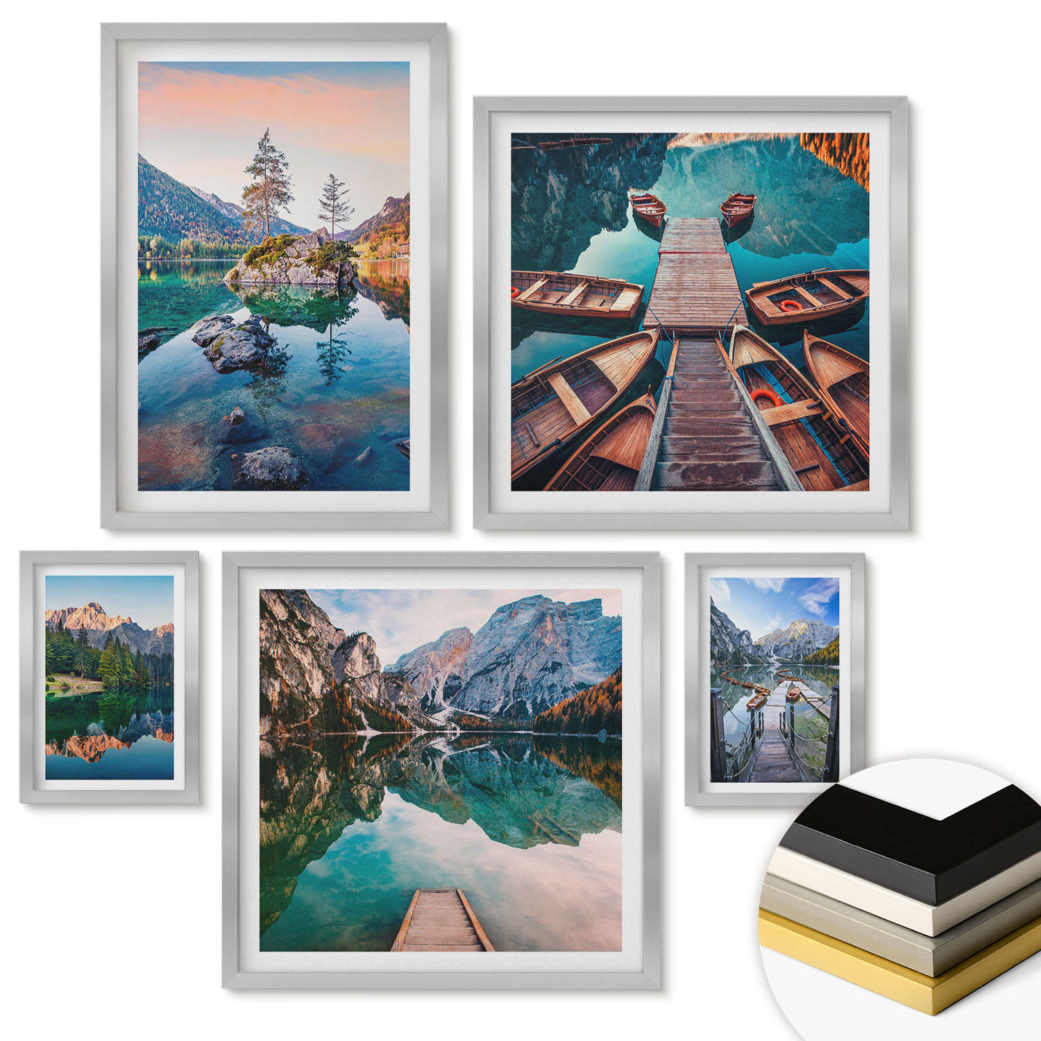 WANDBILDER 5er Set - 50x50 cm & 20x30 cm & 40x60 cm Silberner Rahmen - Pfad Wald Wasserfall Vegetation - Silberfarben, Kunststoff (40/60cm) - ArtPrintCave