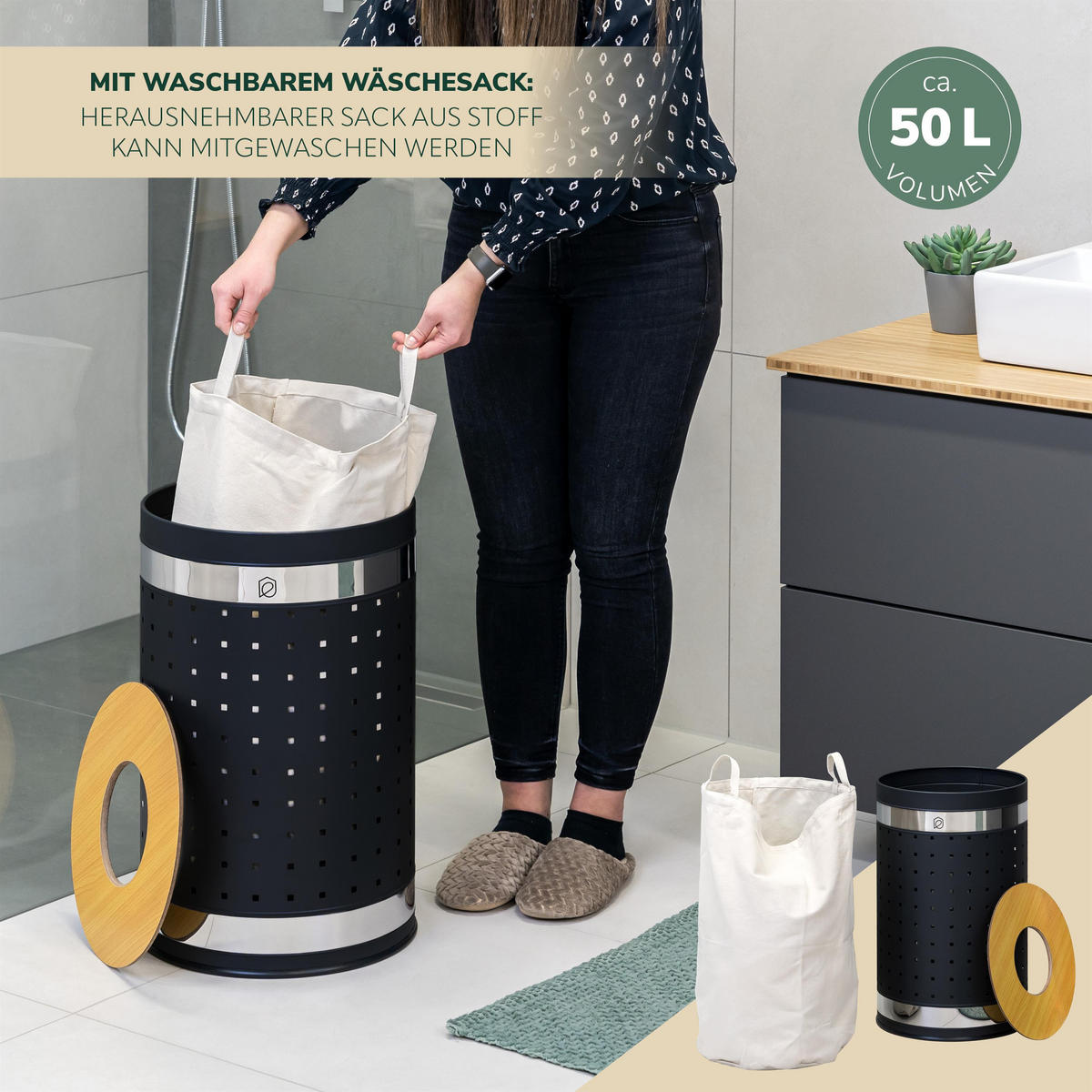 WÄSCHETONNE 50 Liter, schwarz - Schwarz, Metall (35.5/57.5/35.5cm) - eluno