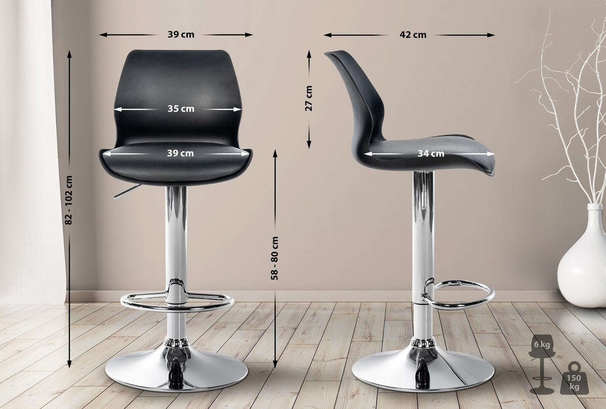 BARHOCKER Gilian Kunststoff schwarz - Chromfarben/Schwarz, Kunststoff/Metall (39/102/42cm) - TPFLiving