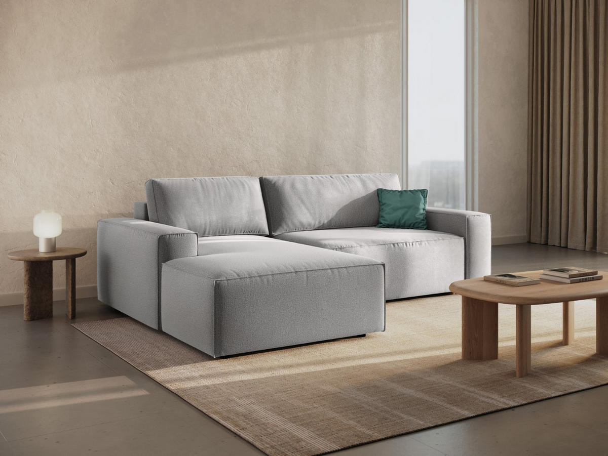 AUSKLAPPBARES-ECKSOFA links mit Container Jodie aus strukturiertem Stoff hellgrau 3 Sitzplätze - Hellgrau, Textil (246/151cm) - Micadoni