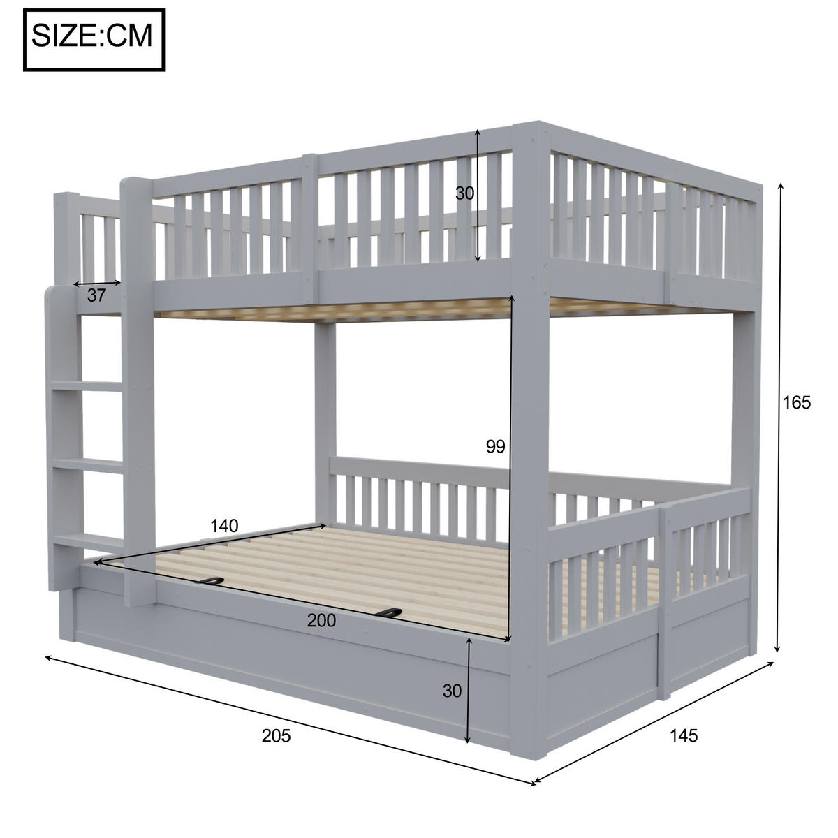 KINDER-ETAGENBETT 140*200 aus Massivholz mit Stauraum, Grau - Grau, Holz (140/200cm) - FLIEKS