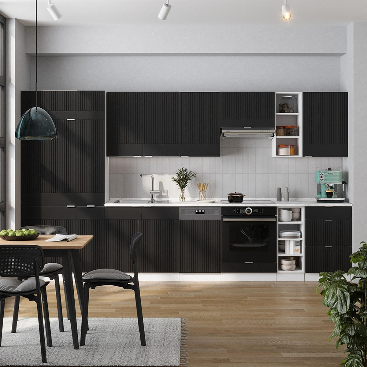 KUHINJSKI BLOK Fame-Line Črna črtasta/bela 355 cm , DP Antracit - črna/bela, leseni material (355/206.8/60cm) - Vicco