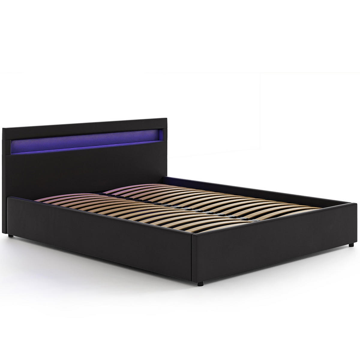 POLSTERBETT 140×200 mit Bettkasten und Lattenrost Nira Öko-Leder schwarz LED - Schwarz, Holz (140/200cm) - Jana