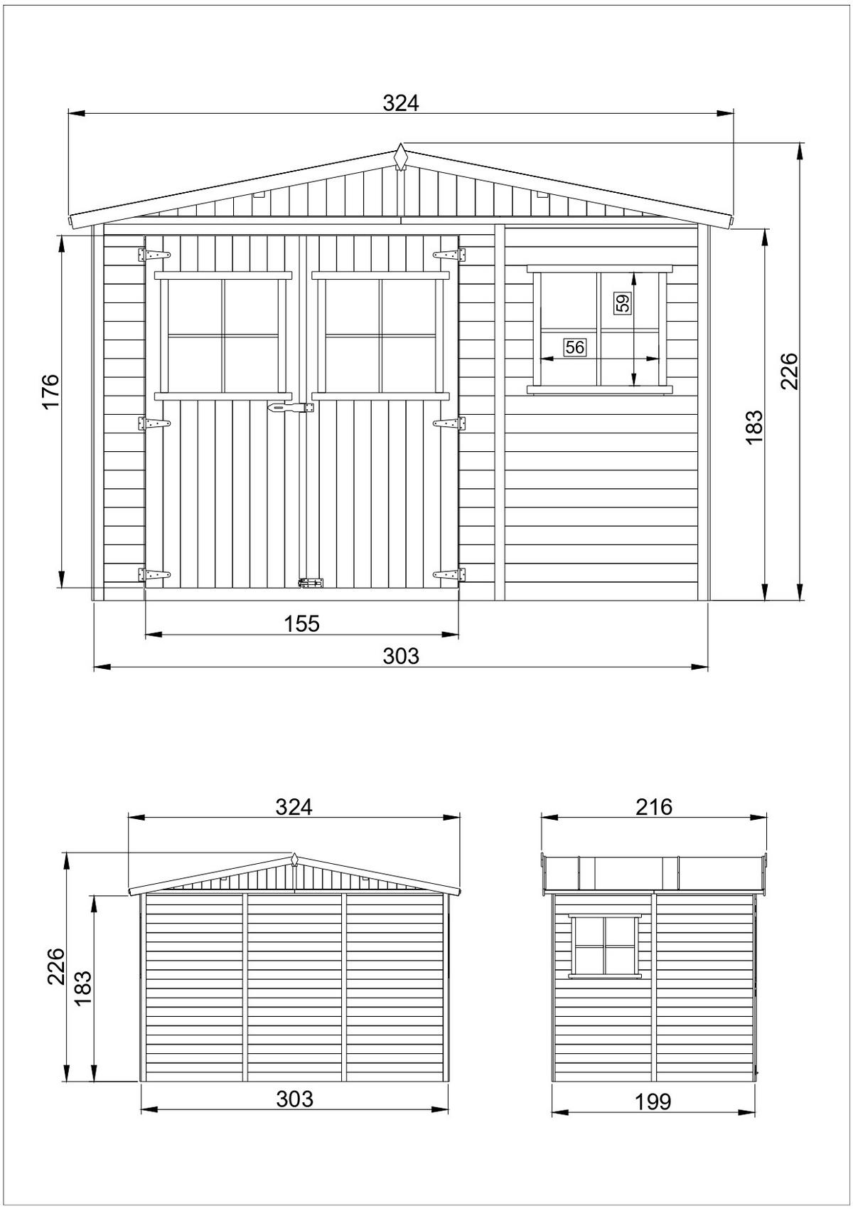 M334 GARTENHAUS HOLZ mit Fenstern - H226x324x216 cm/6 m² - Beige, Holz (324/226/199cm) - Timbela