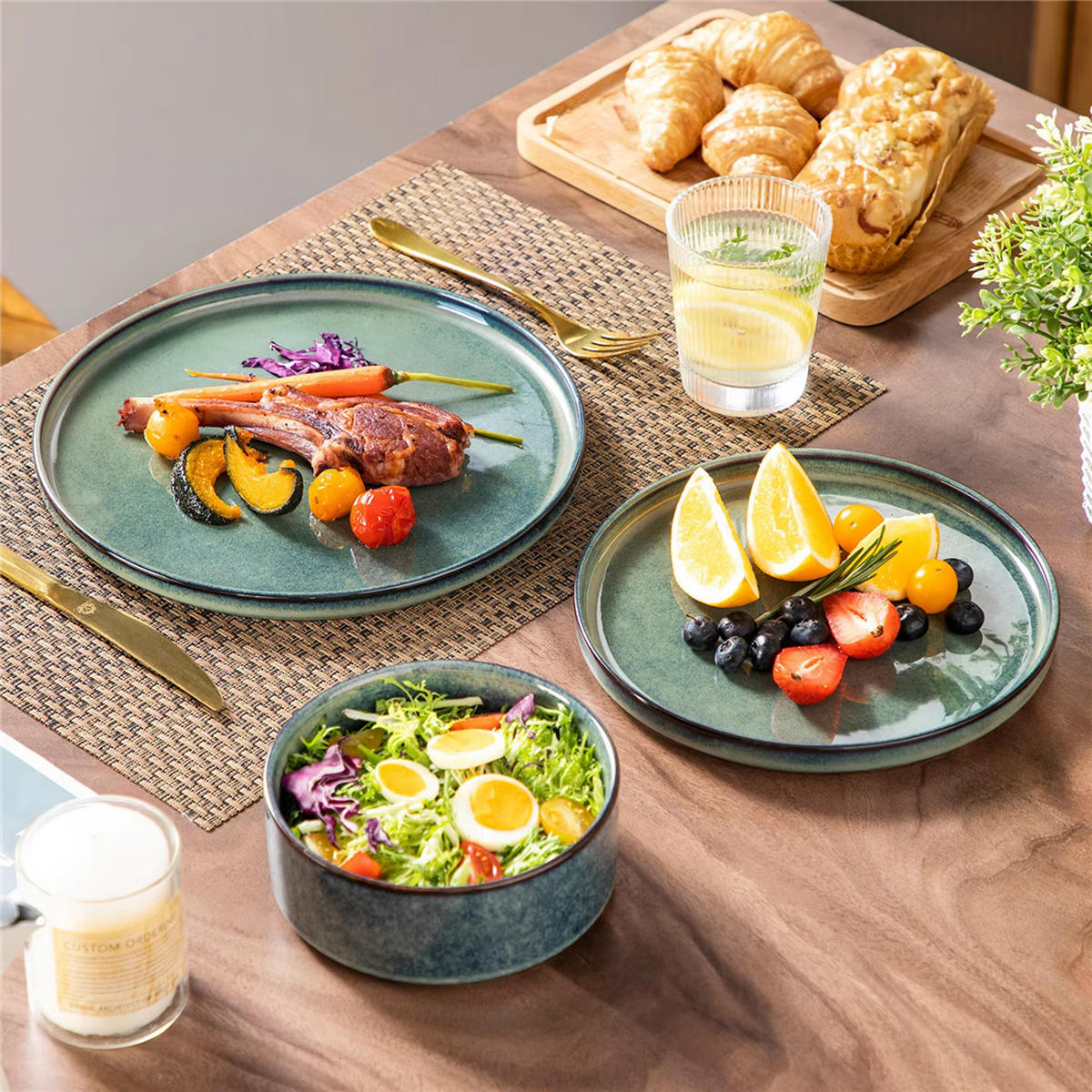 KOMBISERVICE 24-teilig Geschirrset Reaktive Glasur für 8 Personen - Grün, Keramik (26/2.2/26cm) - Kaket