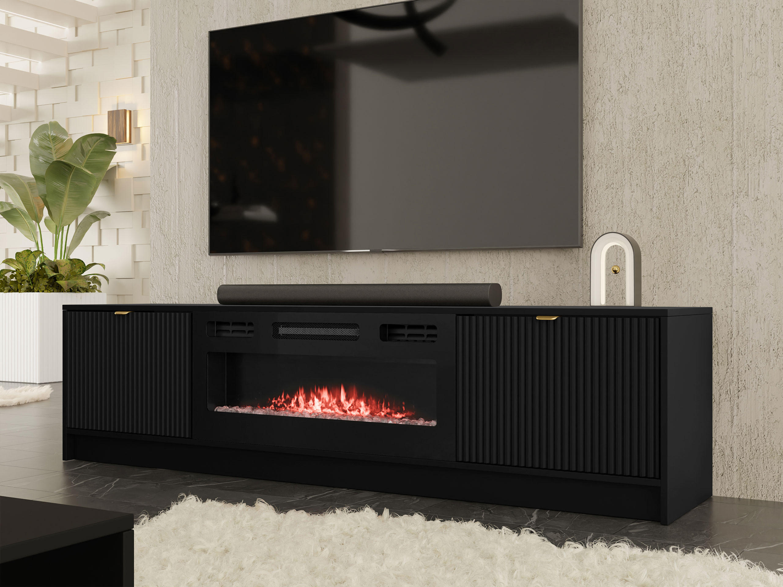 TV-LOWBOARD Tireno EF mit Elektrische Kamin - Goldfarben/Schwarz, Holzwerkstoff/Metall (182/48/40cm) - MIRJAN24