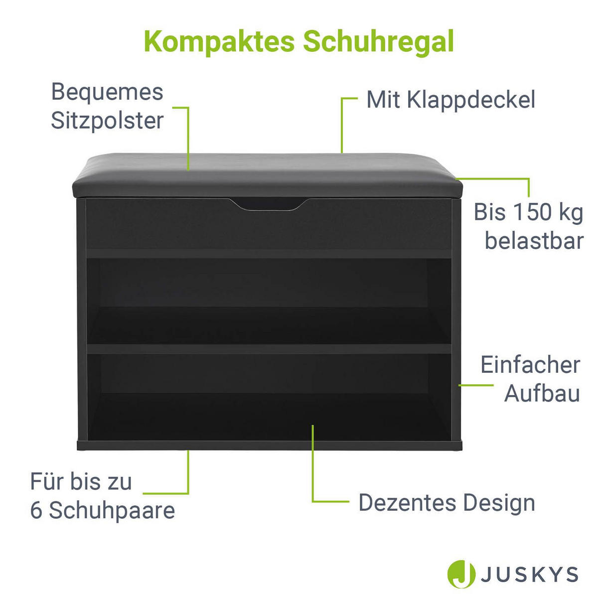 SCHUHREGAL schwarz mit Klappdeckel und gepolstertem Sitz 60 x 30 x 44 cm - Schwarz, Holz (30/44/60cm) - Juskys