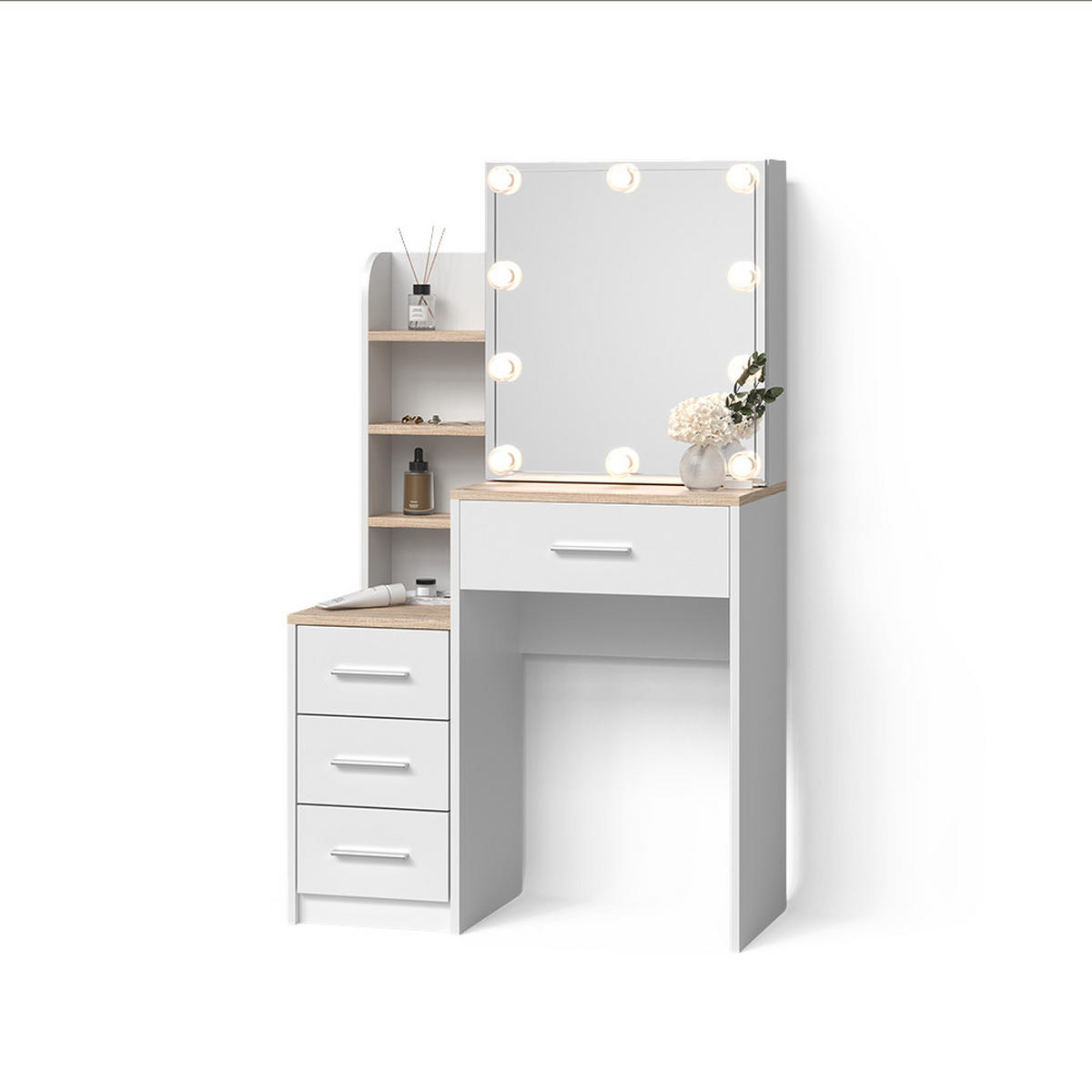 SCHMINKTISCH Loreta Weiß/Sonoma 80 cm mit LED Beleuchtung - Weiß/Sonoma Eiche, Holzwerkstoff (80/131.6/36cm) - Livinity®
