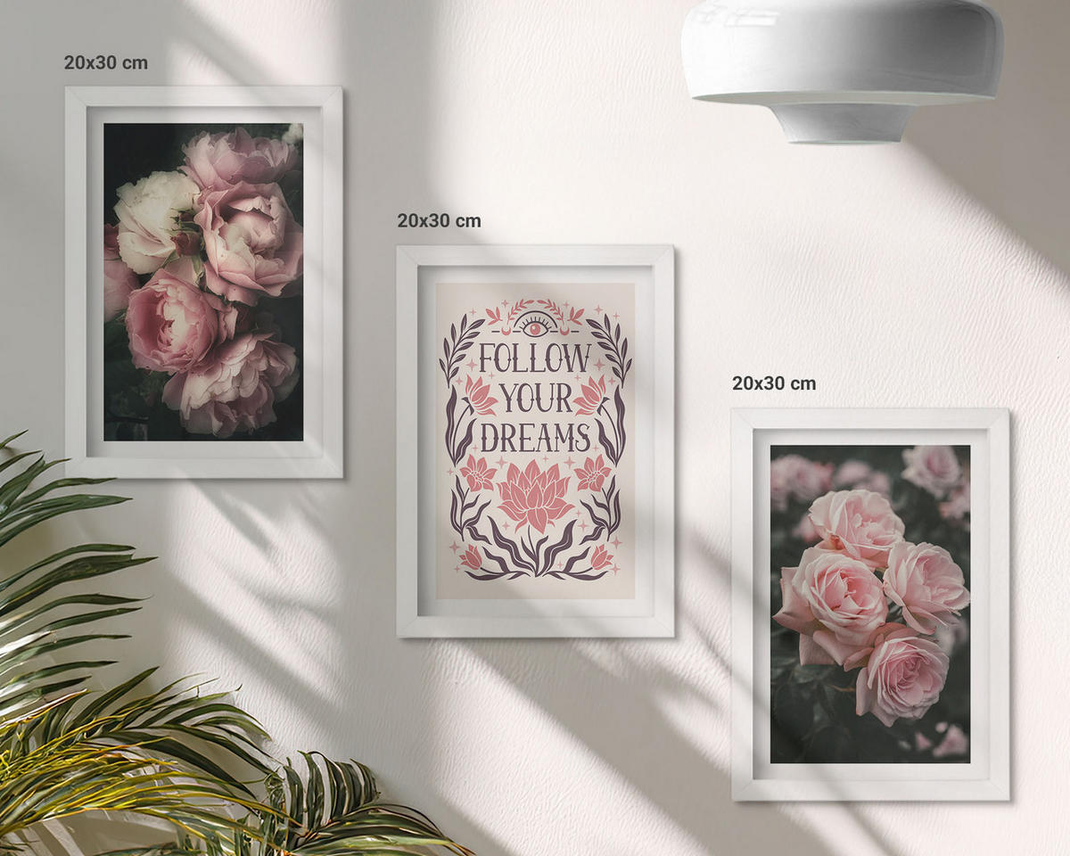 WANDBILDER 3er-Set - 20x30 cm Weißer Rahmen - Vintage-Rosenträume-Inschrift - Weiß, Kunststoff (20/30cm) - ArtPrintCave