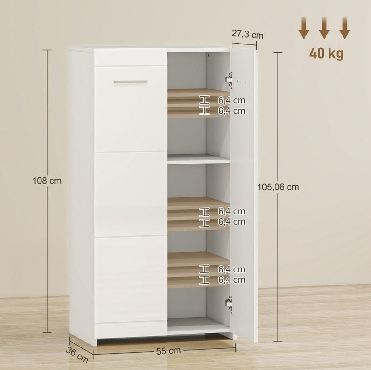 SCHUHSCHRANK 55/36/108 cm in Hochglanz-Weiß mit verstellbaren Böden - Weiß, Holz (55/108/36cm) - BEAOK