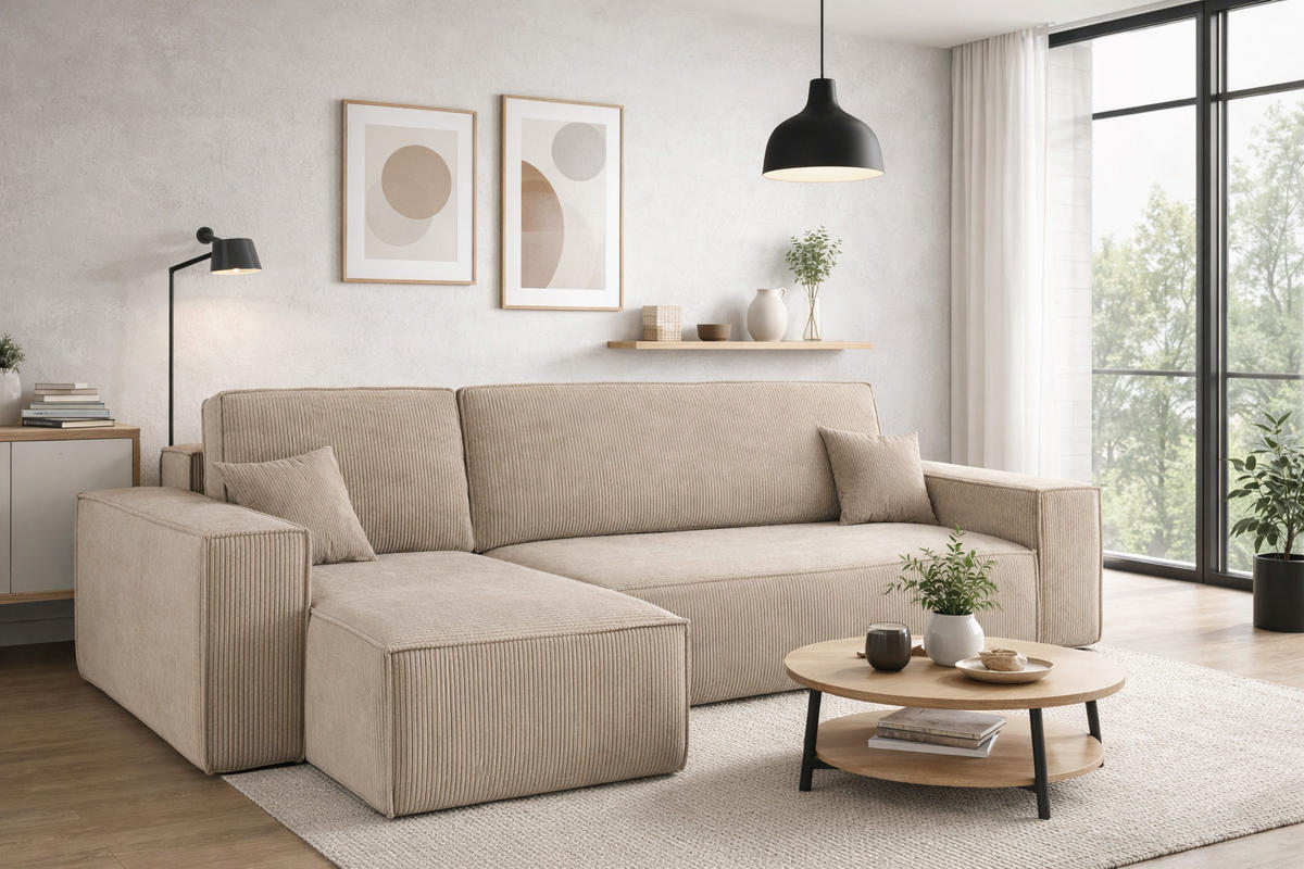ECKSOFA Mit Schlaffunktion Und Bettkasten BEST Stoff Poso Dicker Cord Dunkelbeige Links - Cappuccino, Holz/Textil (142/244cm) - Kaiser Möbel
