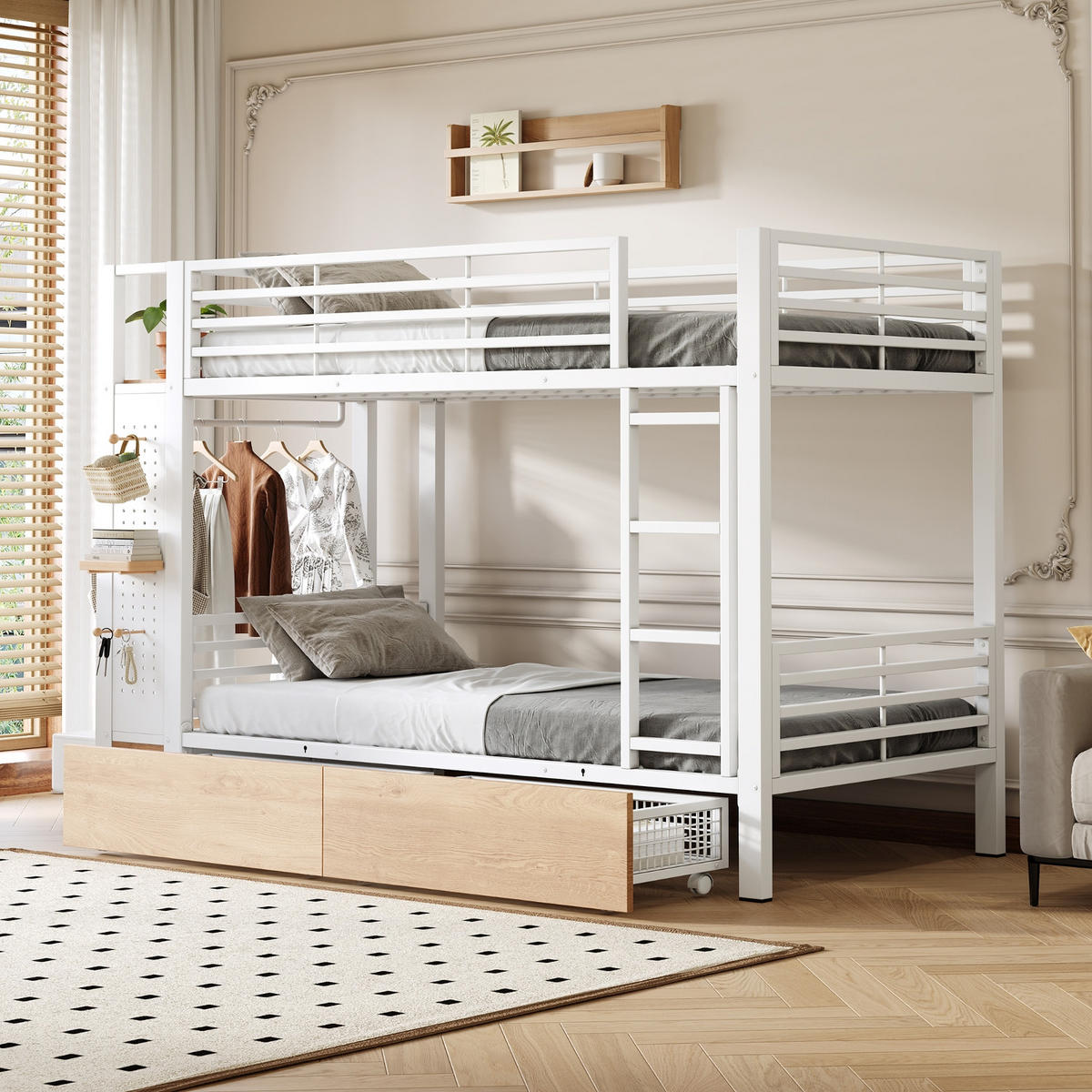ETAGENBETT 90/200 cm Weiß mit 4 Schubladen, LED-Lichtleiste und Kleiderstange - Weiß, Metall (90/200cm) - Oxeza