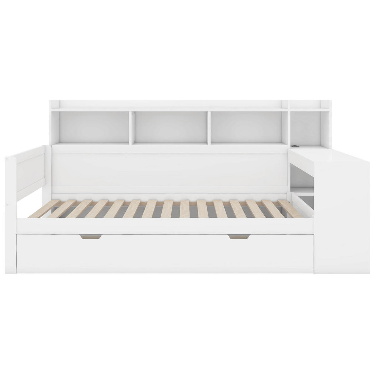 BETT 90/200 cm Weiß aus Spanplatte und MDF mit Schreibtisch, USB-Anschluss und 2 Schubladen - Weiß, Holzwerkstoff (90/200cm) - OKMYHOME