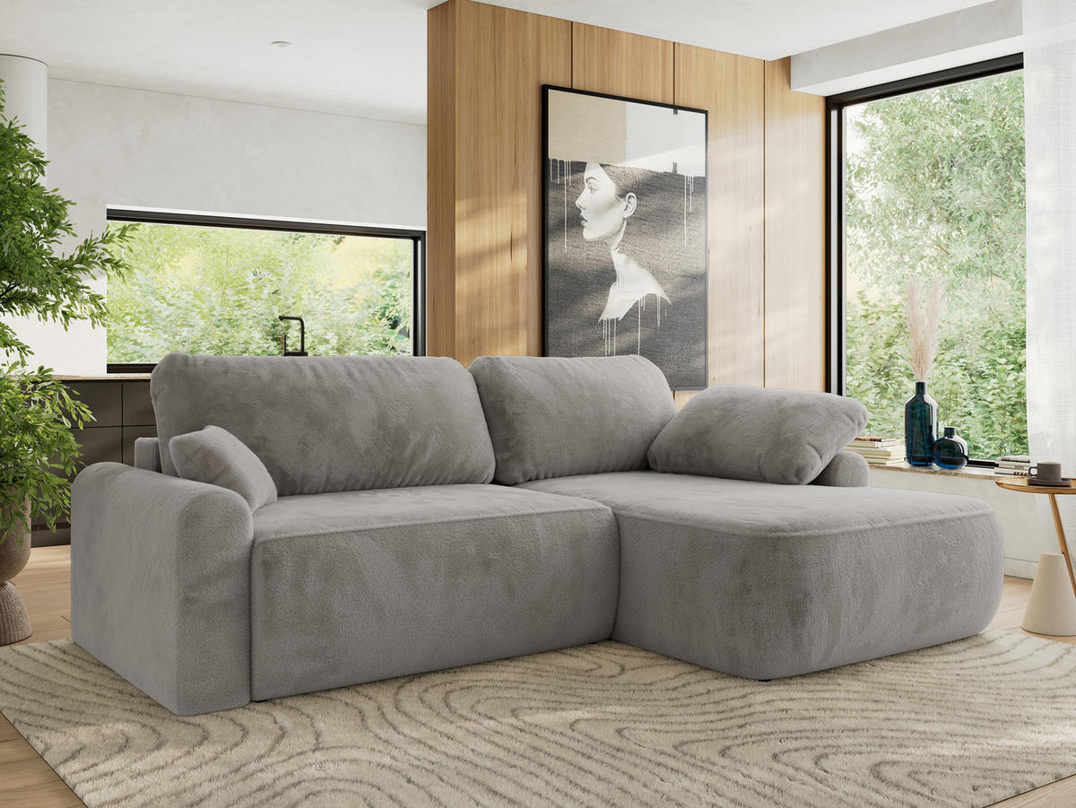 ECKSCHLAFSOFA CUBO L Hellgrau Plüsch - rechts - Hellgrau/Schwarz, Kunststoff/Textil (187/273cm) - MKS