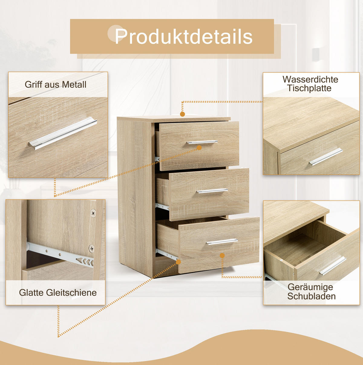 NACHTTISCH-SET aus Spanplatte 37,6x35,2x65,5 cm Natur mit 3 Schubladen und Metallgriffen, 2er-Set - Naturfarben, Holzwerkstoff (37.6/65.5/35.2cm) - Modfu