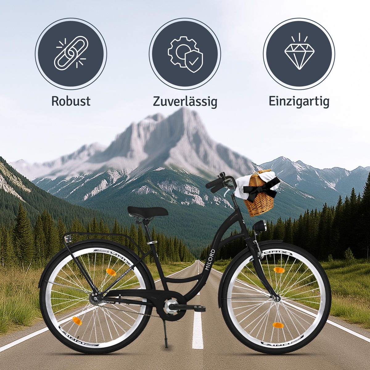 CITY-FAHRRAD Milord mit Weidenkorb, 28 Zoll, Schwarz, 1-Gang - Schwarz, Metall (46cm) - Milordbikes