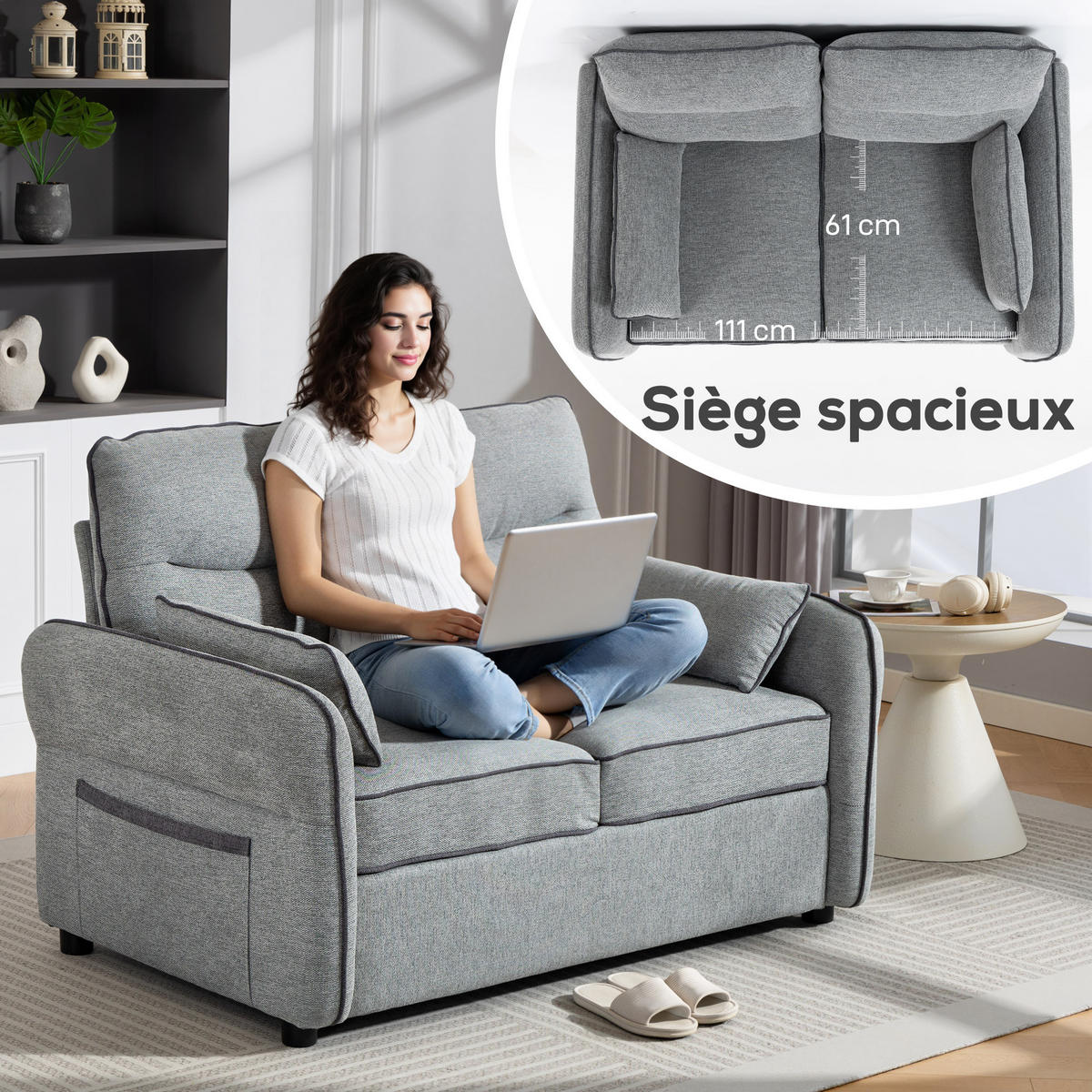 SOFA, 2-Sitzer, ägyptischer Samt, 2 Kissen, Seitentasche, grau, 136x81x90cm - Multicolor, Holzwerkstoff (136/90/81cm) - FORIOUS