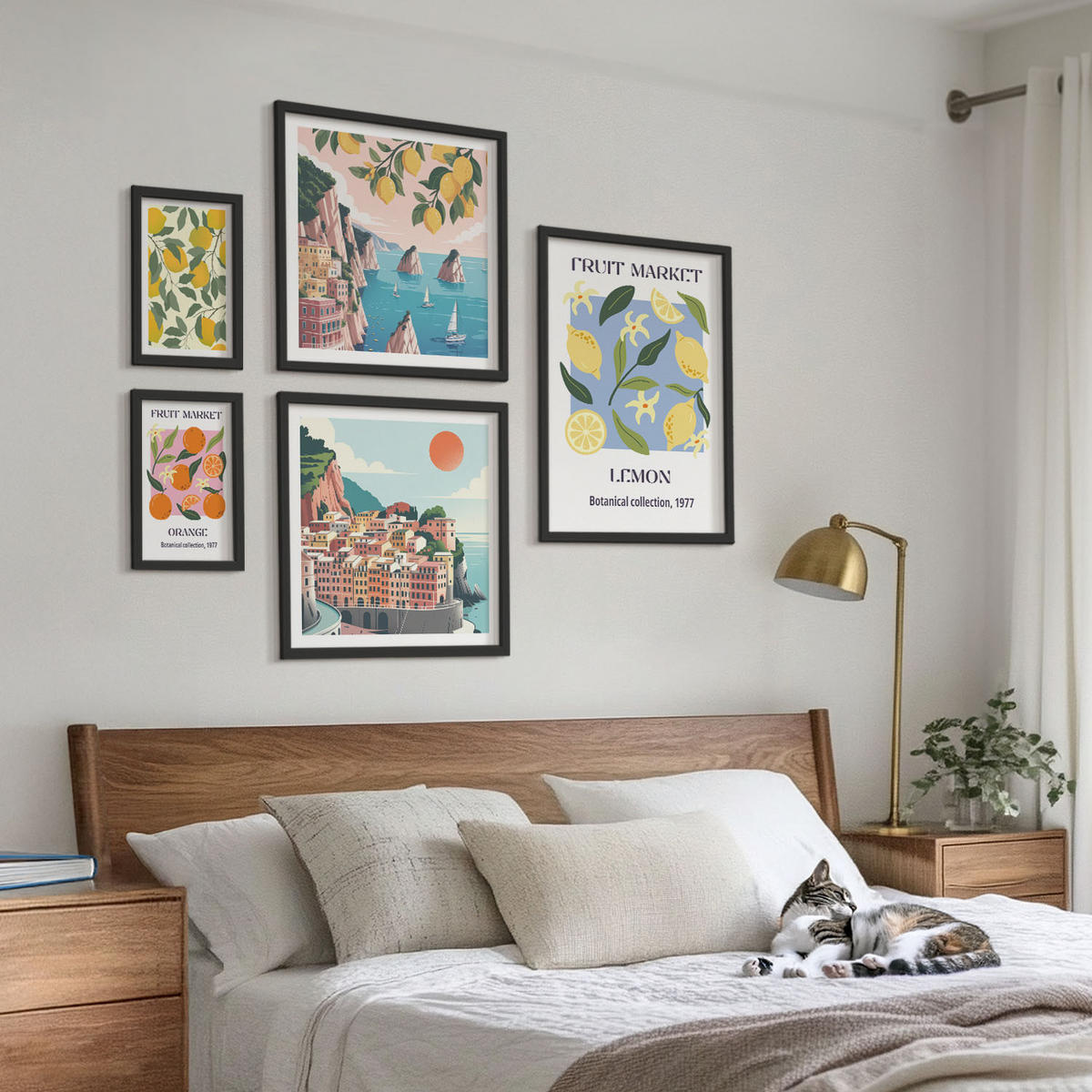 BILDER SET 5er Set - 50x50 cm & 20x30 cm & 40x60 cm Schwarzer Rahmen - Italienische Zitronenurlaube Capri - Schwarz, Kunststoff (40/60cm) - TULUP