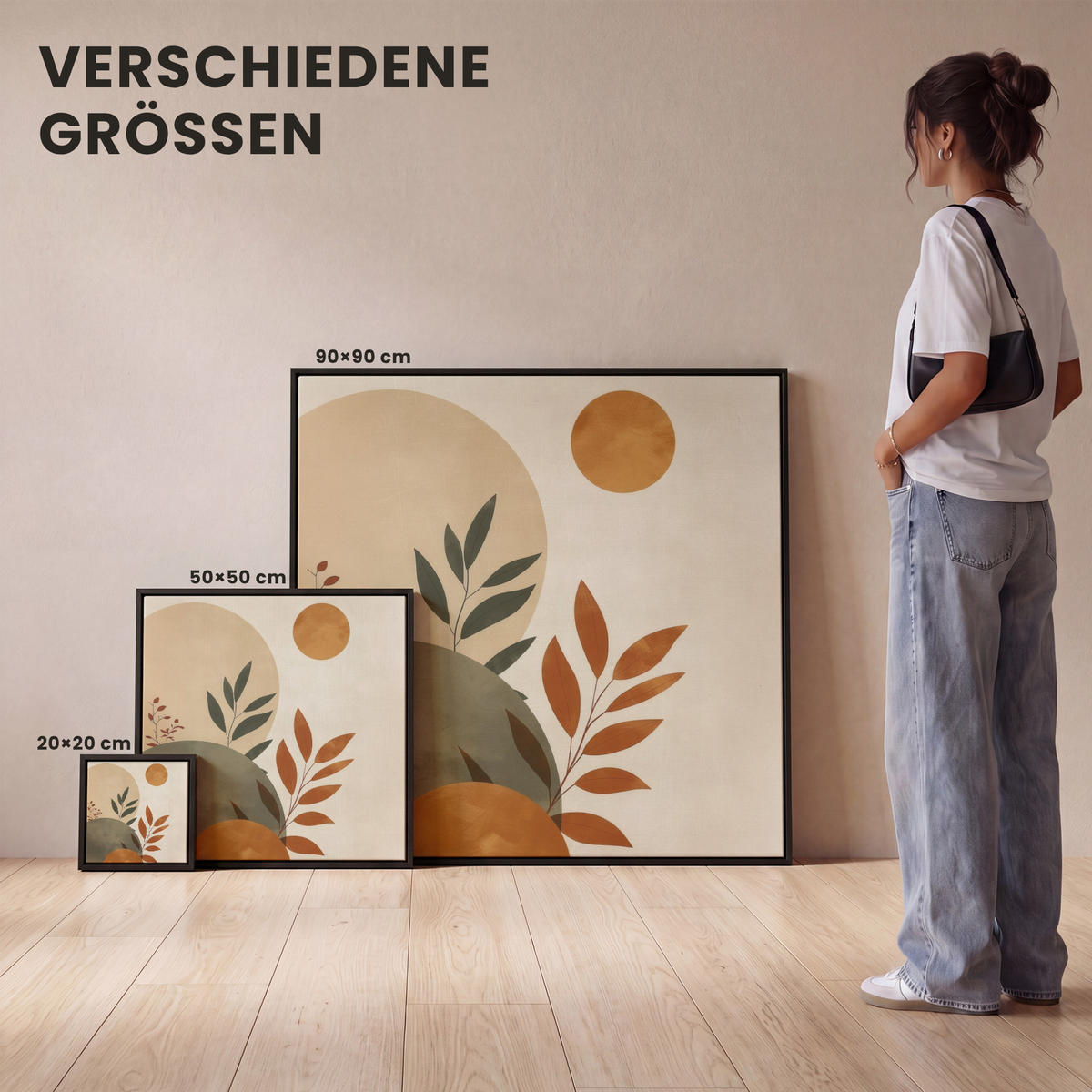 LEINWAND Bilder mit Rahmen - Formen - Rund - Blätter - Beige - 90x90 - Rostfarben, Textil (90/90cm) - MuchoWow