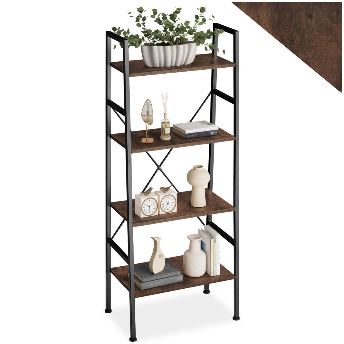 LEITERREGAL Newcastle,inklusive Kippschutz, 57,5 x 35,5 x 139 cm,Industrial Holz dunkel, rustikal - Rostfarben, Holz (35.5/139/57.5cm) - tectake