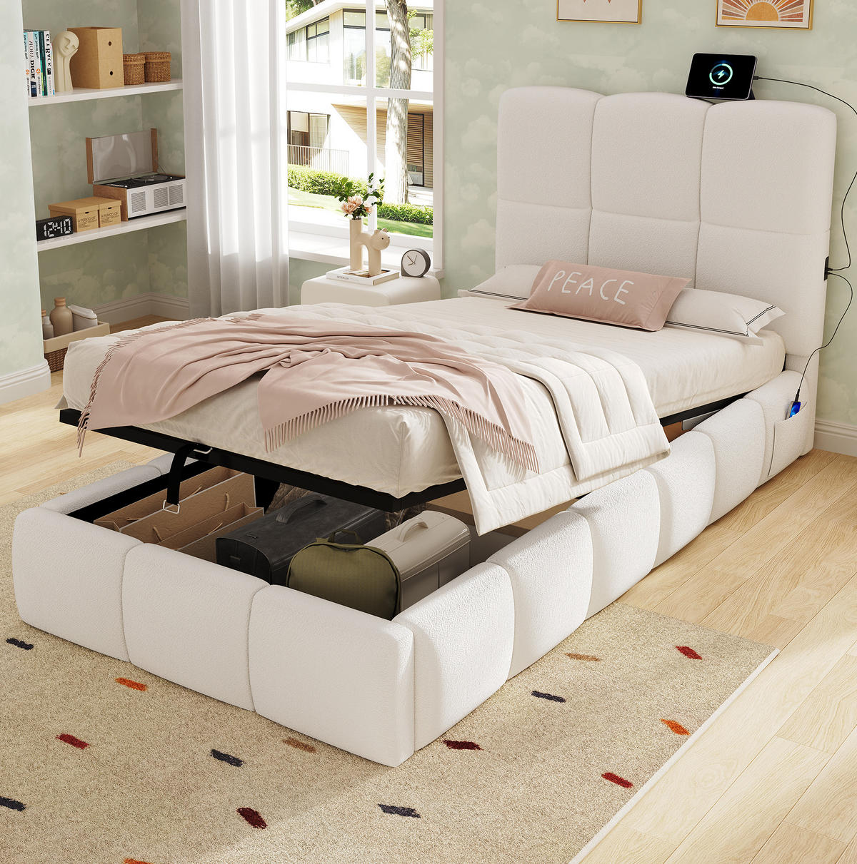 POLSTERBETT 90/200 cm mit Lattenrost, hydraulischem Stauraum und USB-C-Anschluss, Beige - Beige, Textil (90/200cm) - Redom